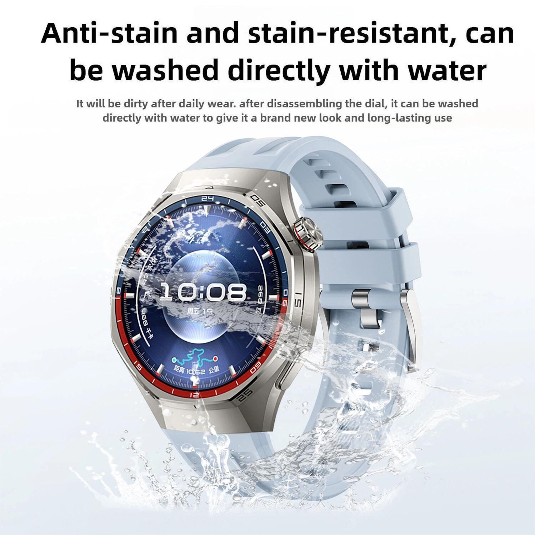 Eine hellblaue Smartwatch mit silbernem Gehäuse, die nass wird.