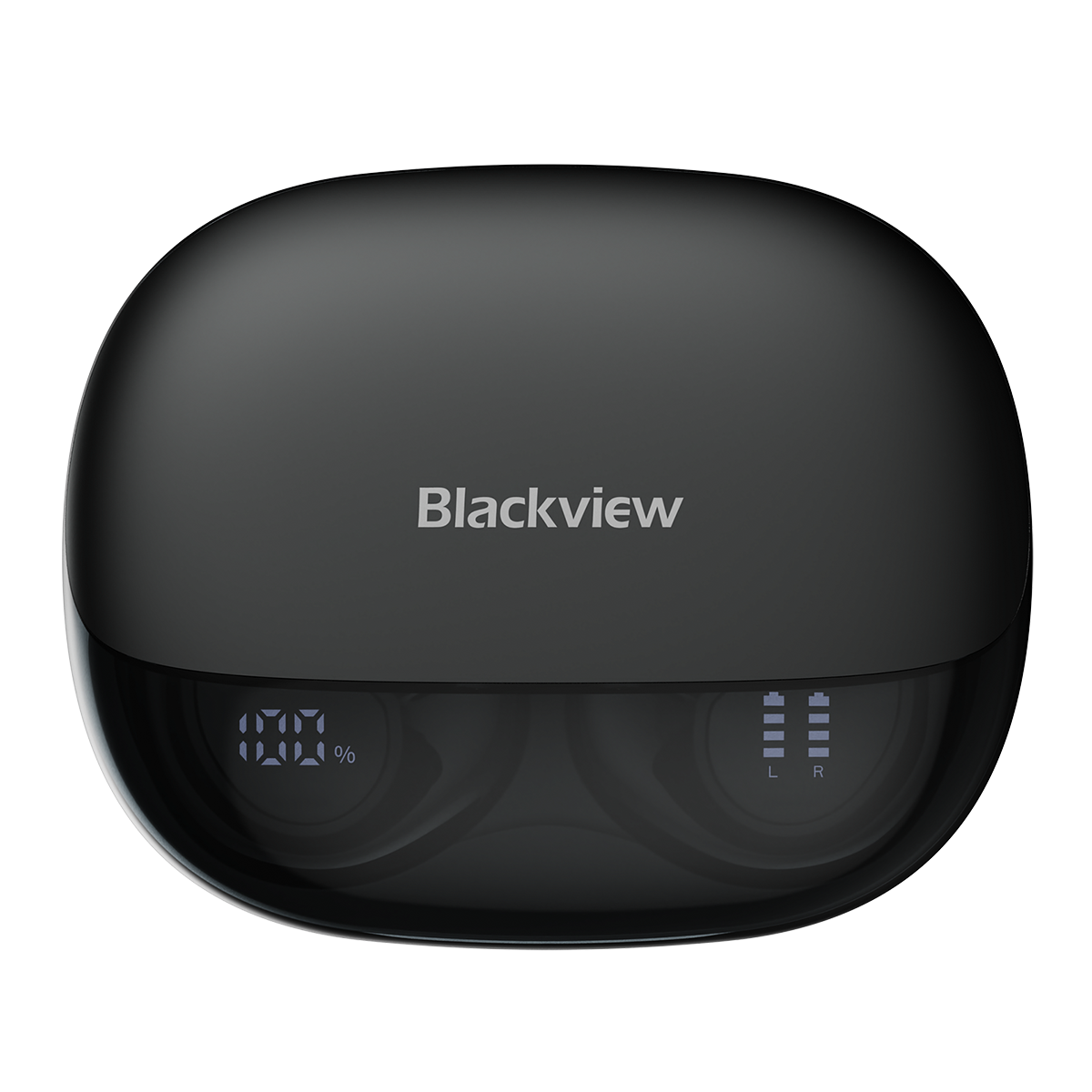 Custodia di ricarica nera con logo "Blackview", indicatore di carica 100% e indicatori batteria sx/dx.
