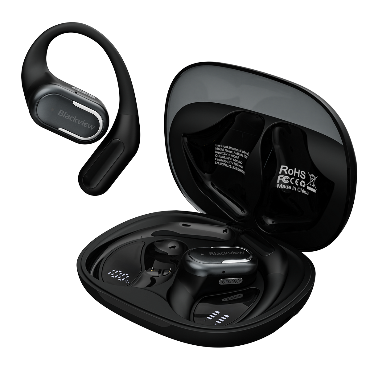 Auricolari wireless Blackview, uno con gancio, uno in custodia aperta con display digitale.
