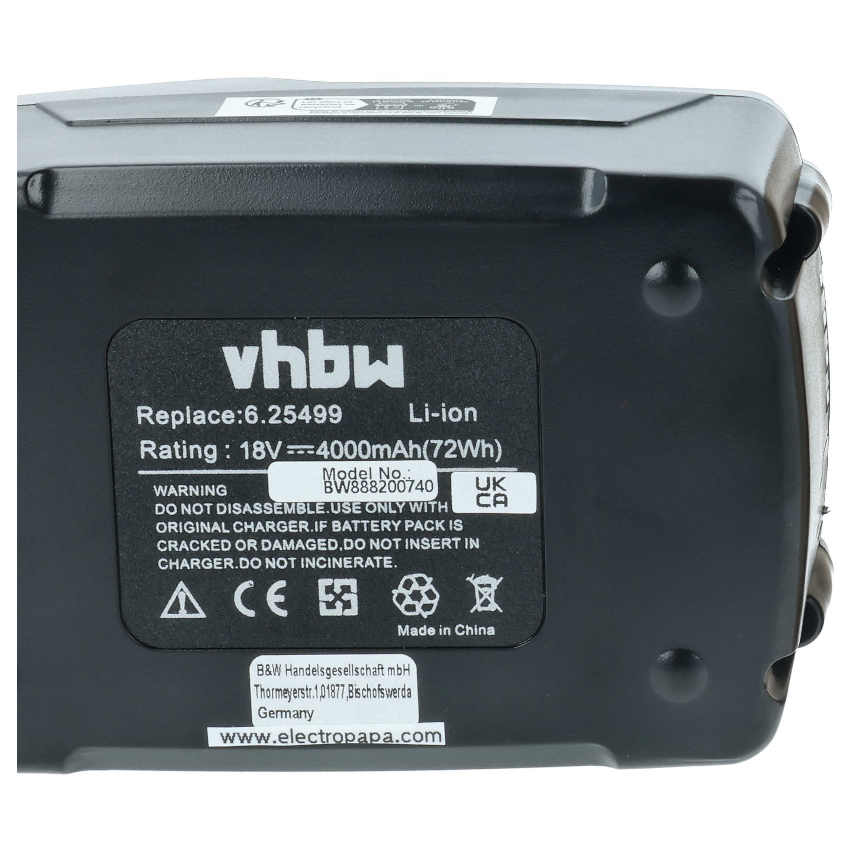 Schwarzer Li-Ion Akku mit Beschriftung: VHBW, 18V, 4000mAh, Made in China.