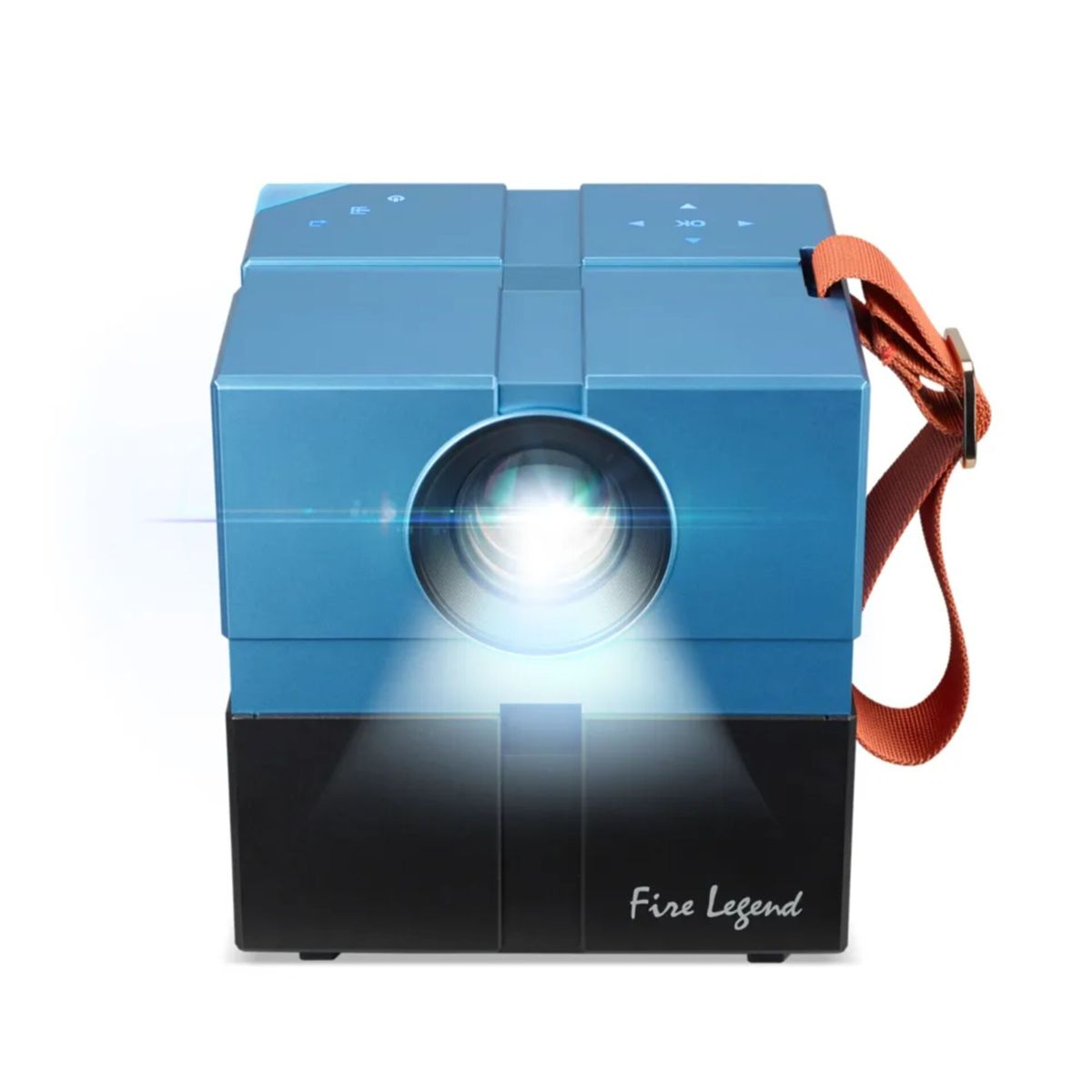 Een blauwe en zwarte projector met gloeiende lens en oranje band.