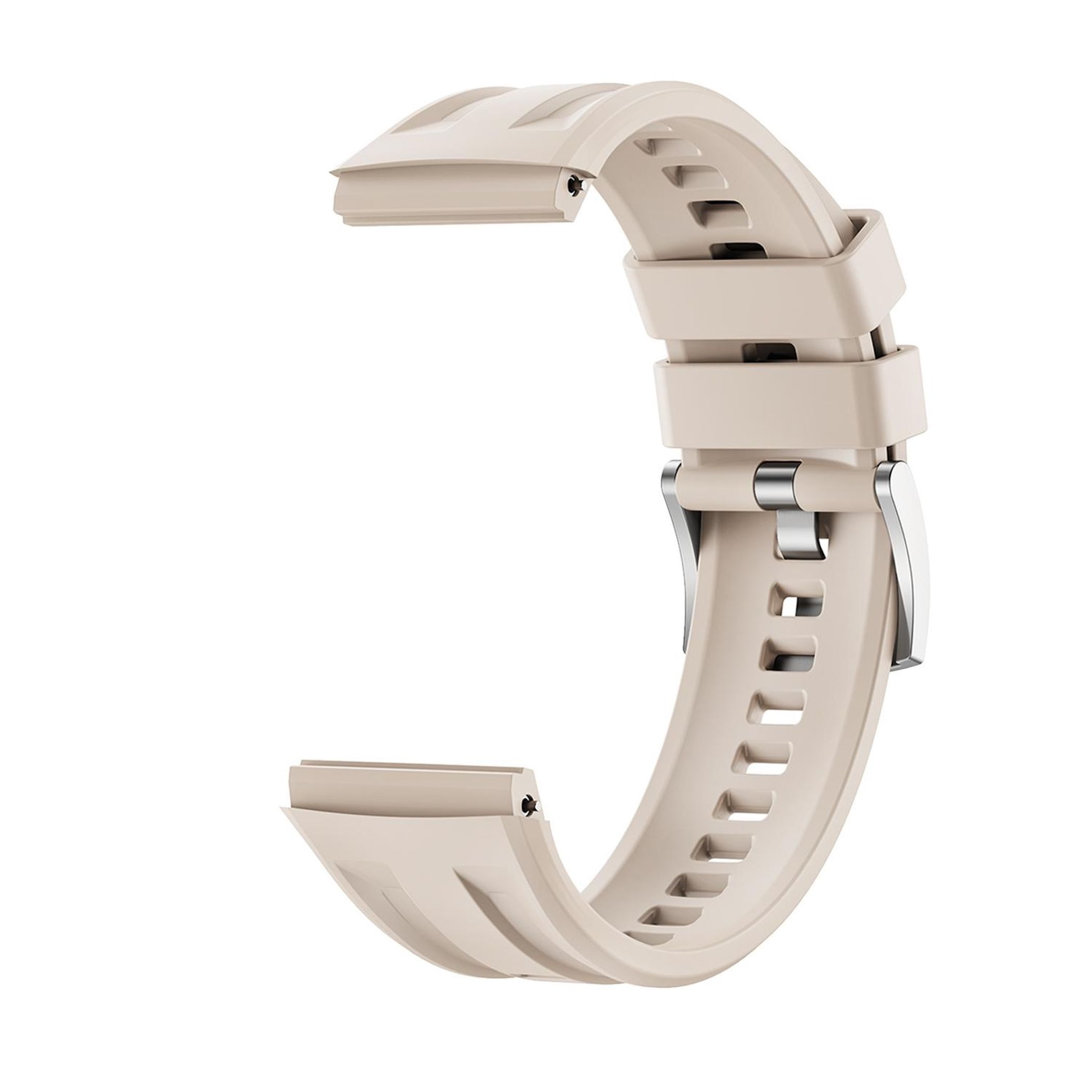 Beiges Uhrenarmband aus Gummi mit Metallschnalle, auf weißem Hintergrund.