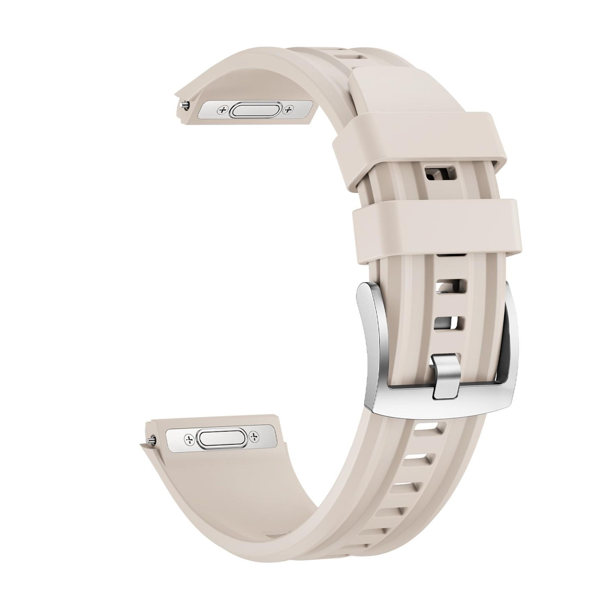 Ein beigefarbenes Uhrenarmband mit silbernem Dornverschluss und Riemenösen.