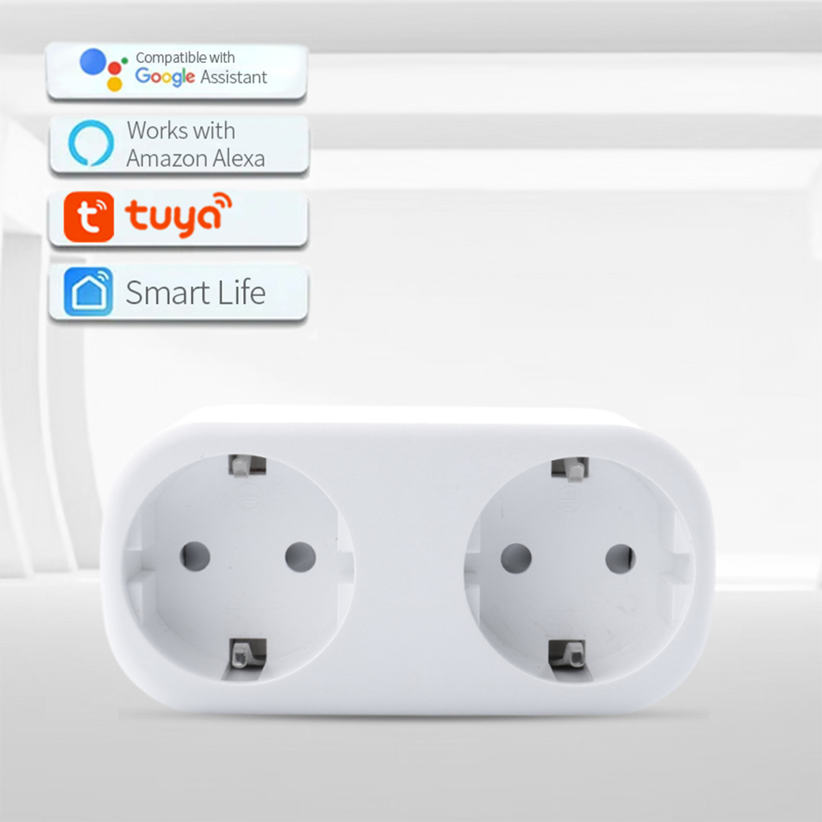 Ein weißer Doppelsteckdosenadapter mit Kompatibilitätslogos für Google, Alexa, Tuya und Smart Life.