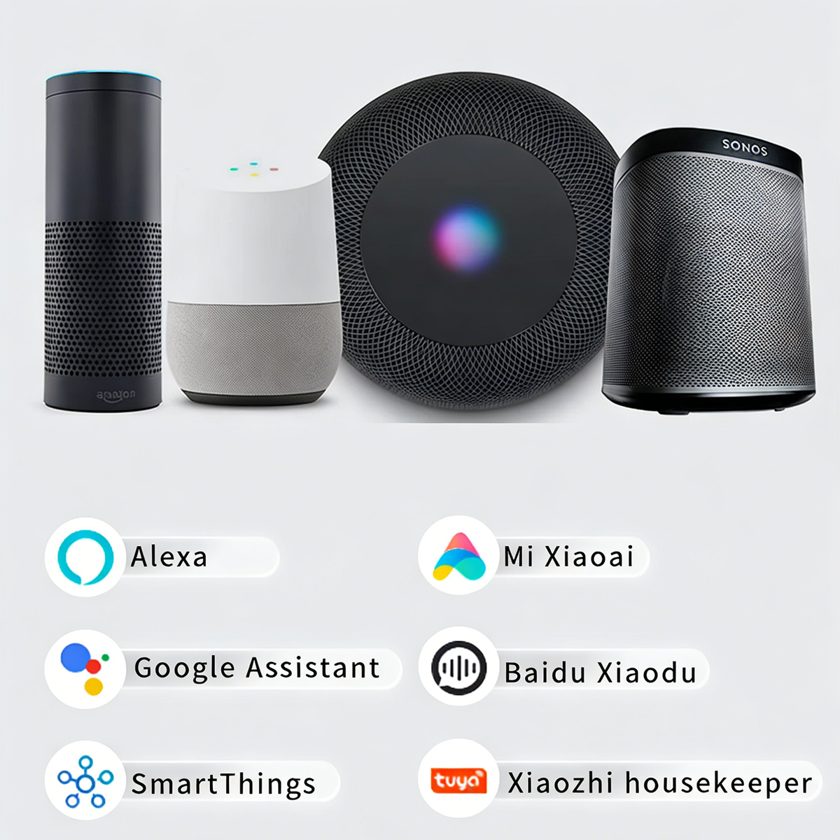 Vier smarte Lautsprecher und Logos für Sprachassistenten