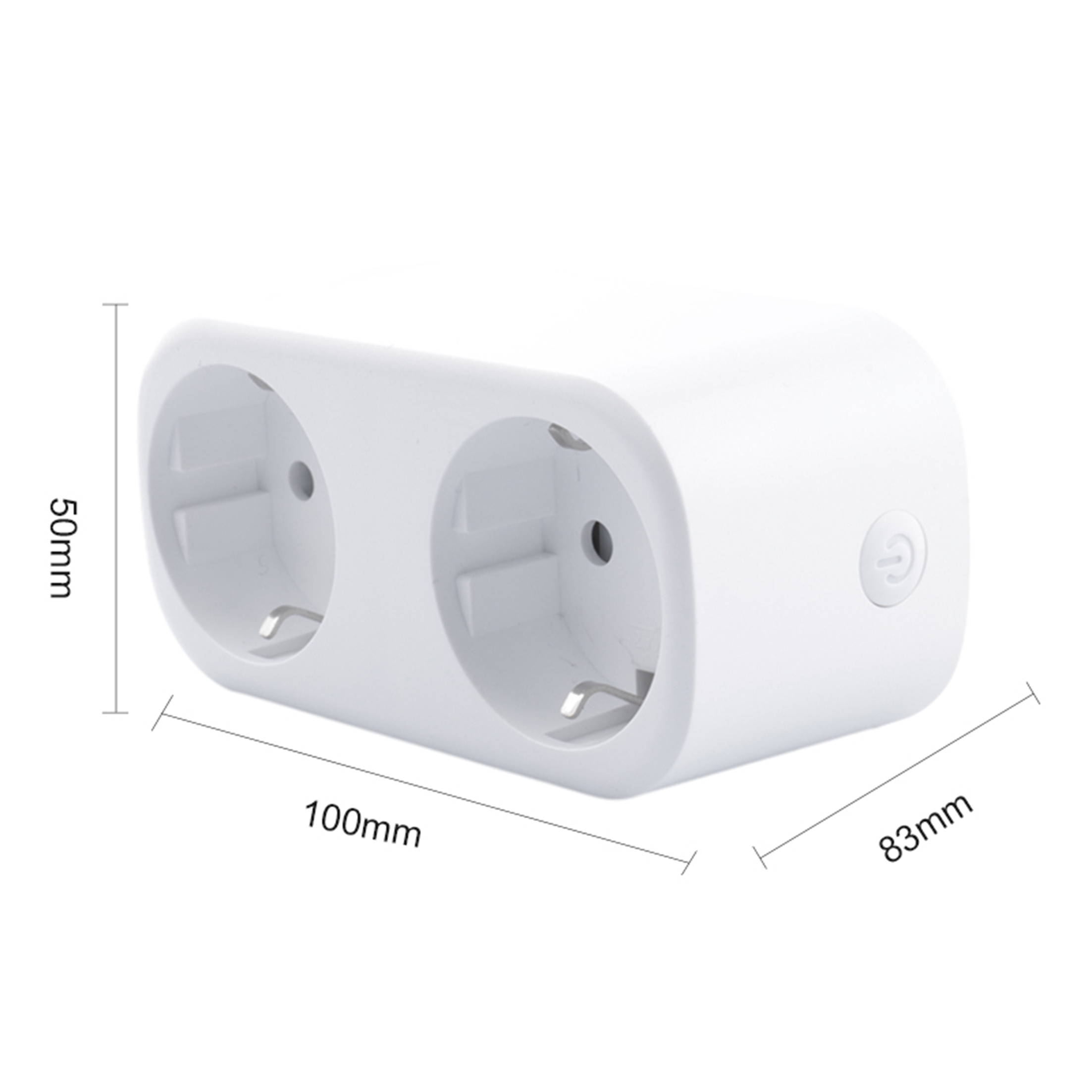 Ein weißer Doppelsteckdosenadapter mit Maßen 100x83x50mm und einem Power-Button.