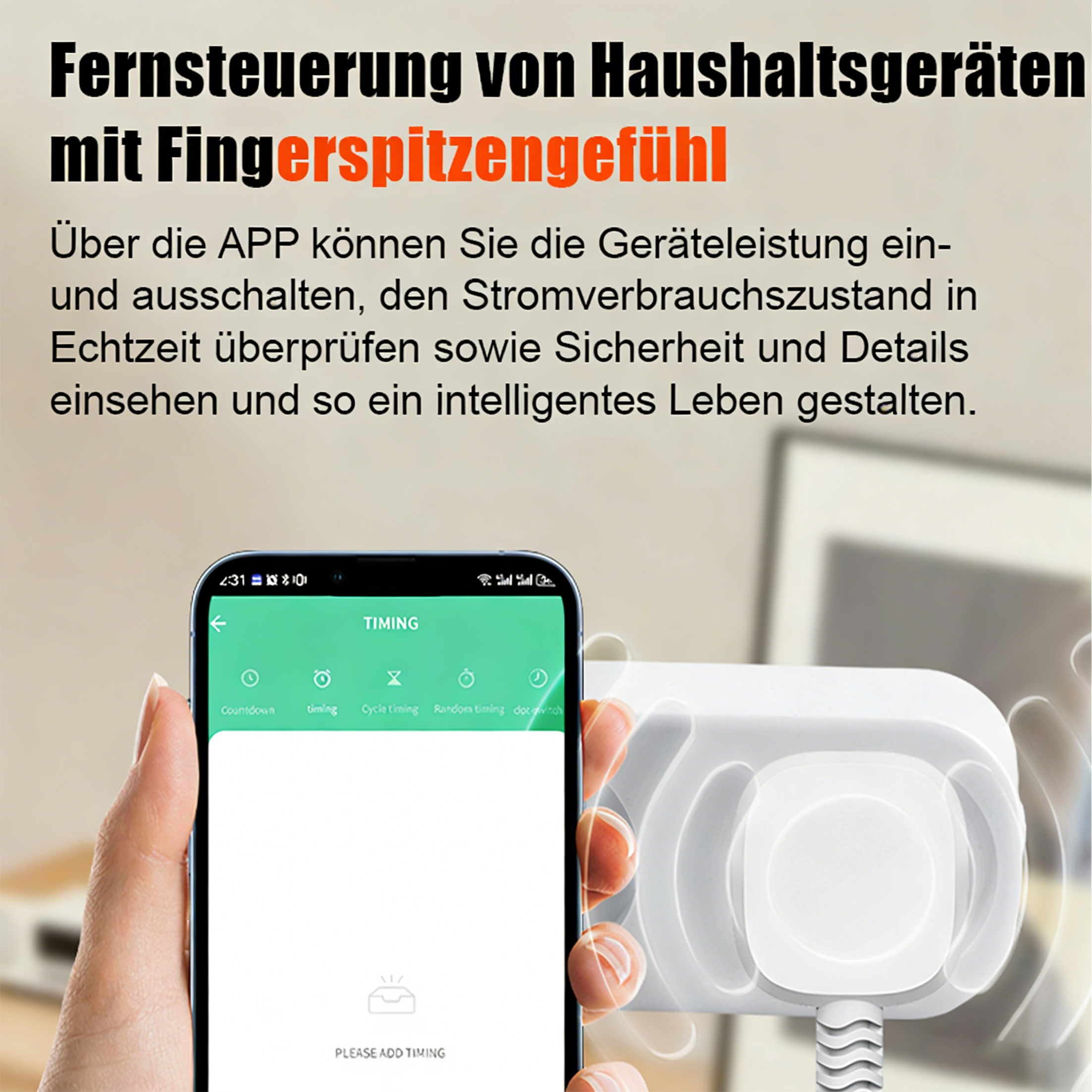Hand hält Smartphone mit App-Ansicht neben weißem Smart Plug.