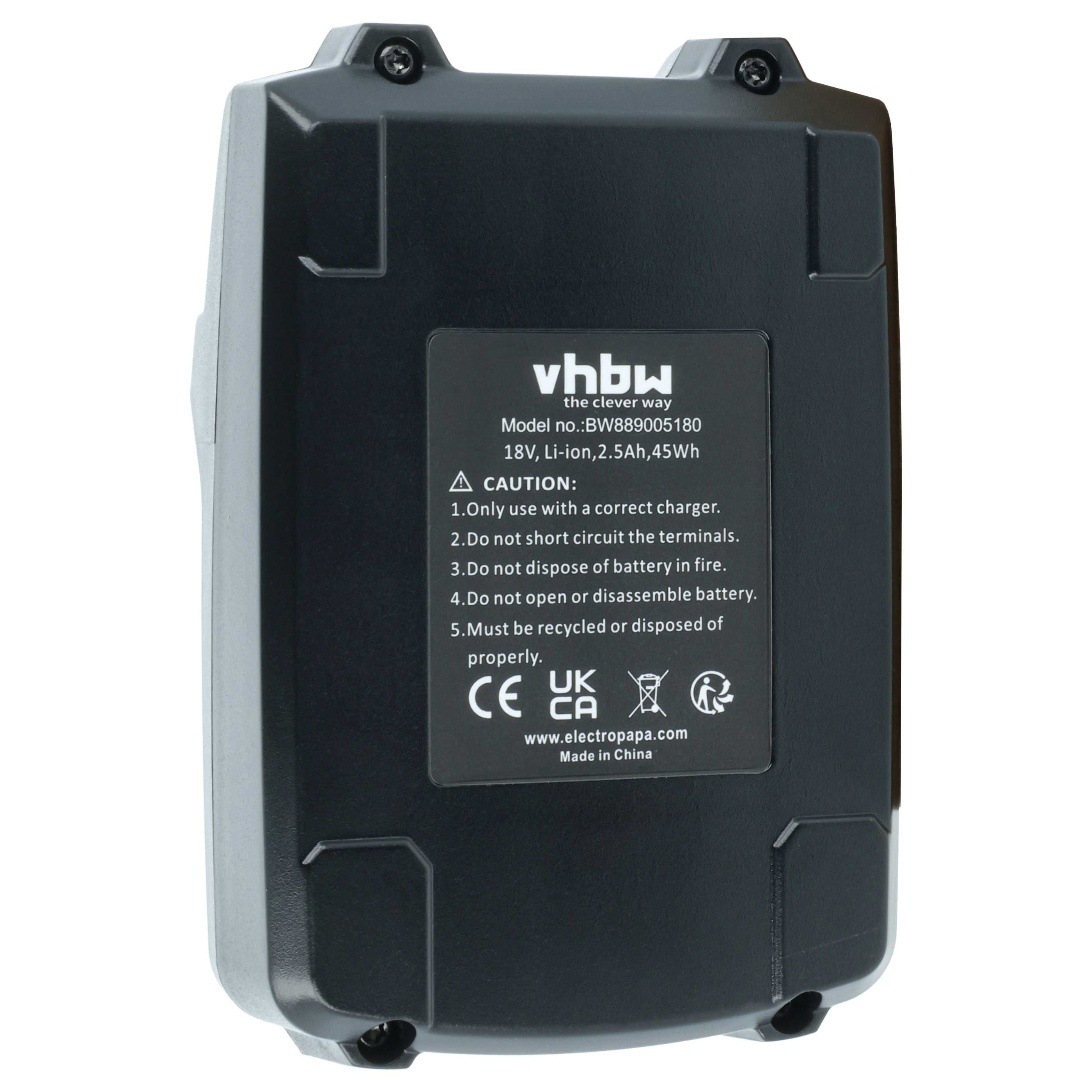 Schwarzer Akku mit Aufkleber: 18V, Li-Ion, 2.5Ah, 45Wh, Warnungen.
