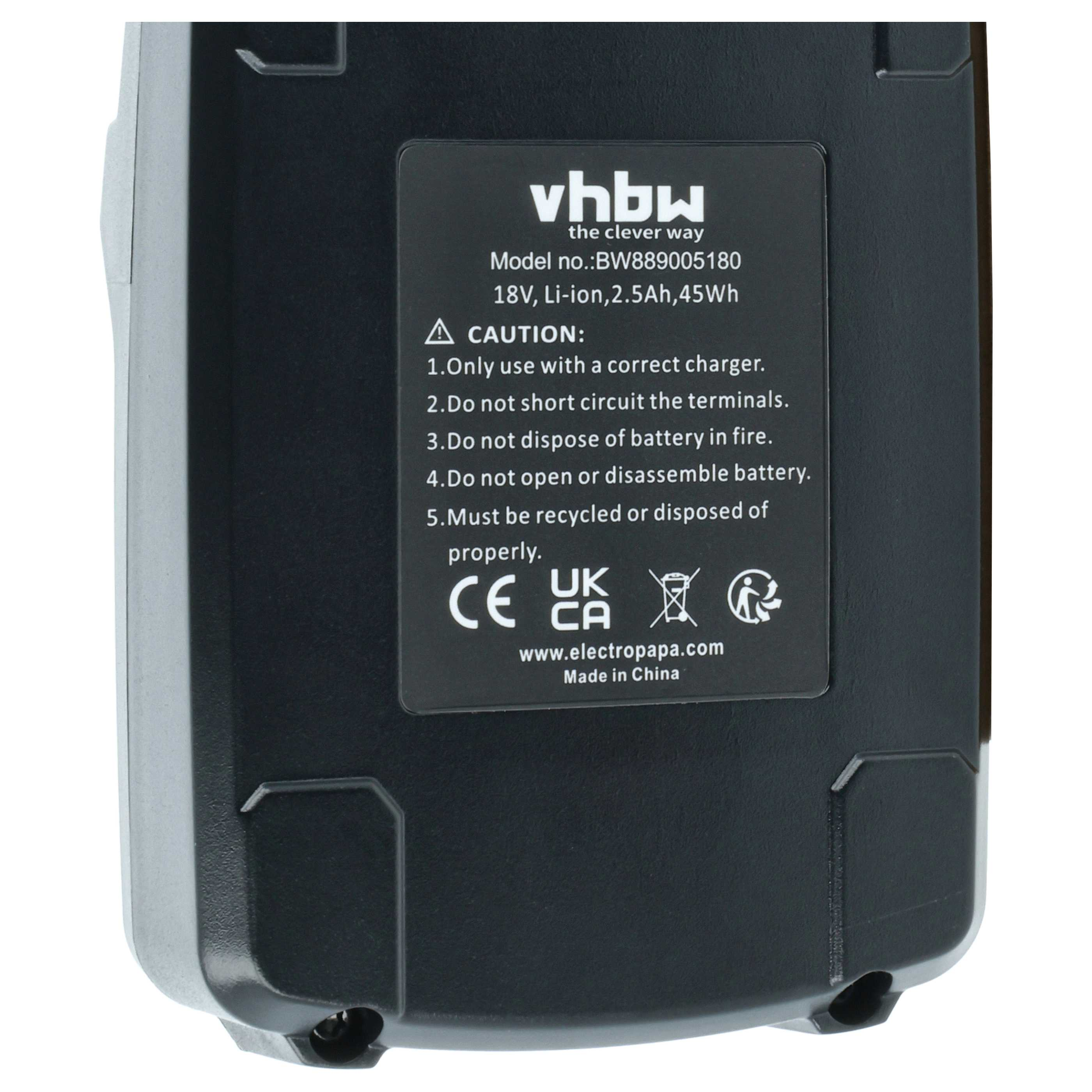 Schwarzer Akku mit Aufkleber: vhbw, 18V, Li-Ion, 2.5Ah, 45Wh.