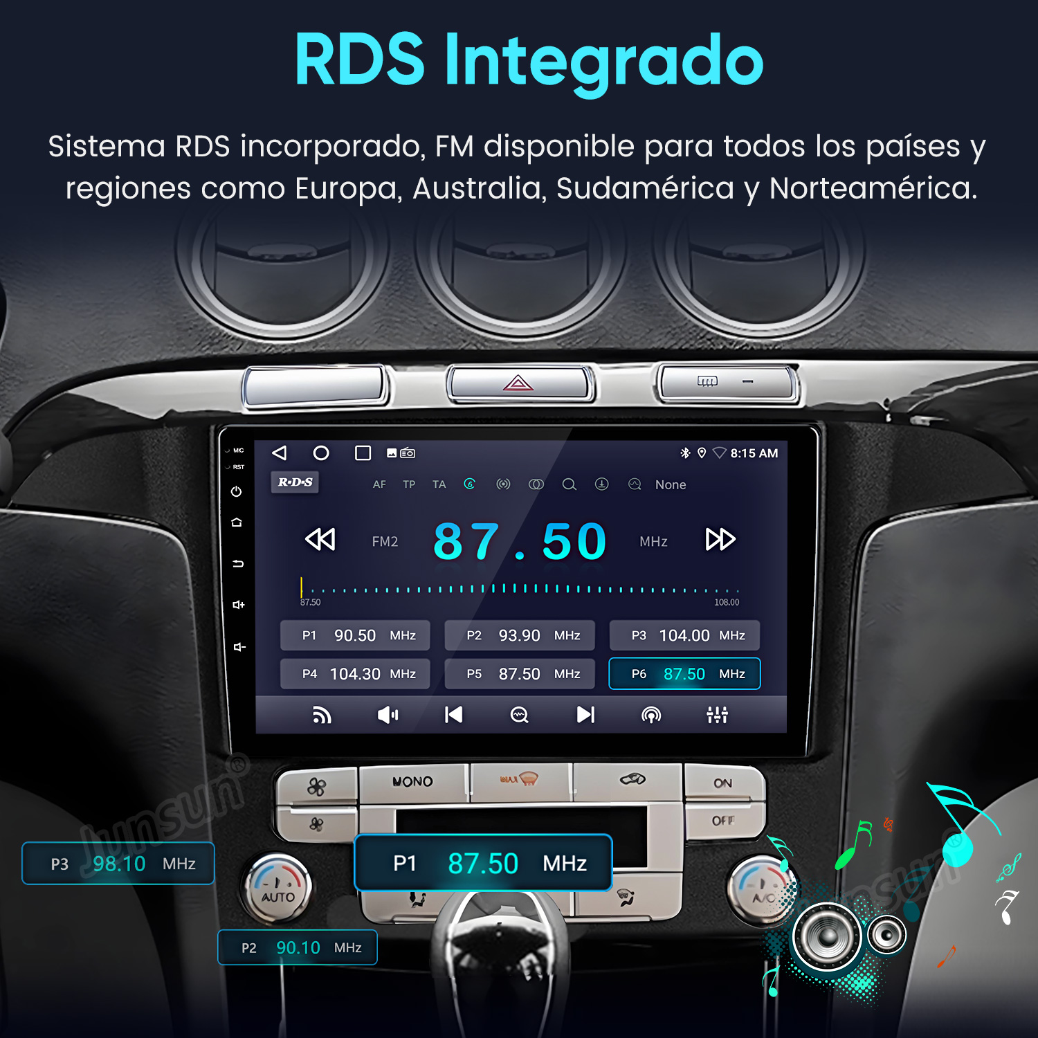 Pantalla de infoentretenimiento del coche mostrando 87.50 MHz y opciones.