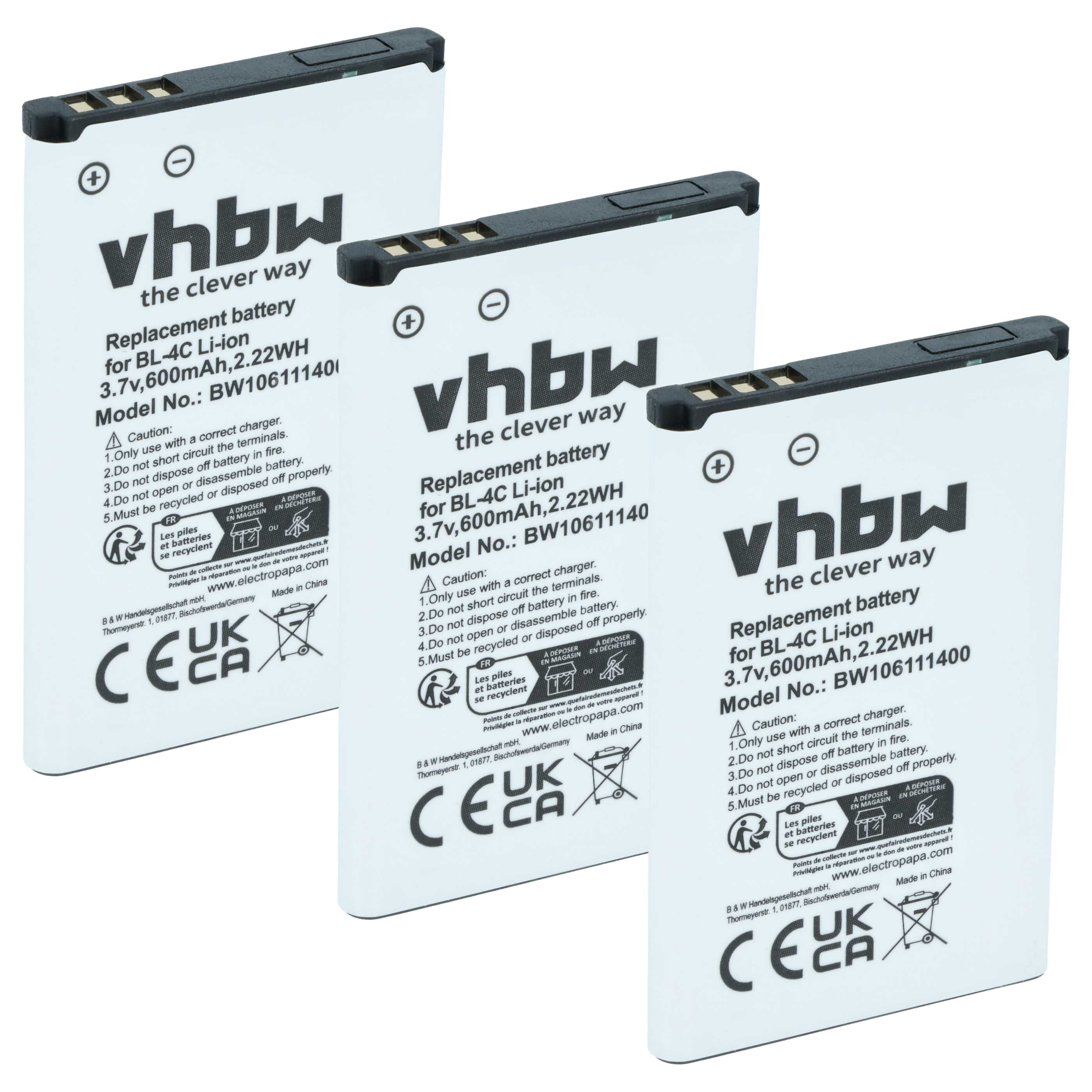 Drei weiße vhbw Li-Ion-Akkus für BL-4C, 3,7V, 600mAh, 2,22WH.