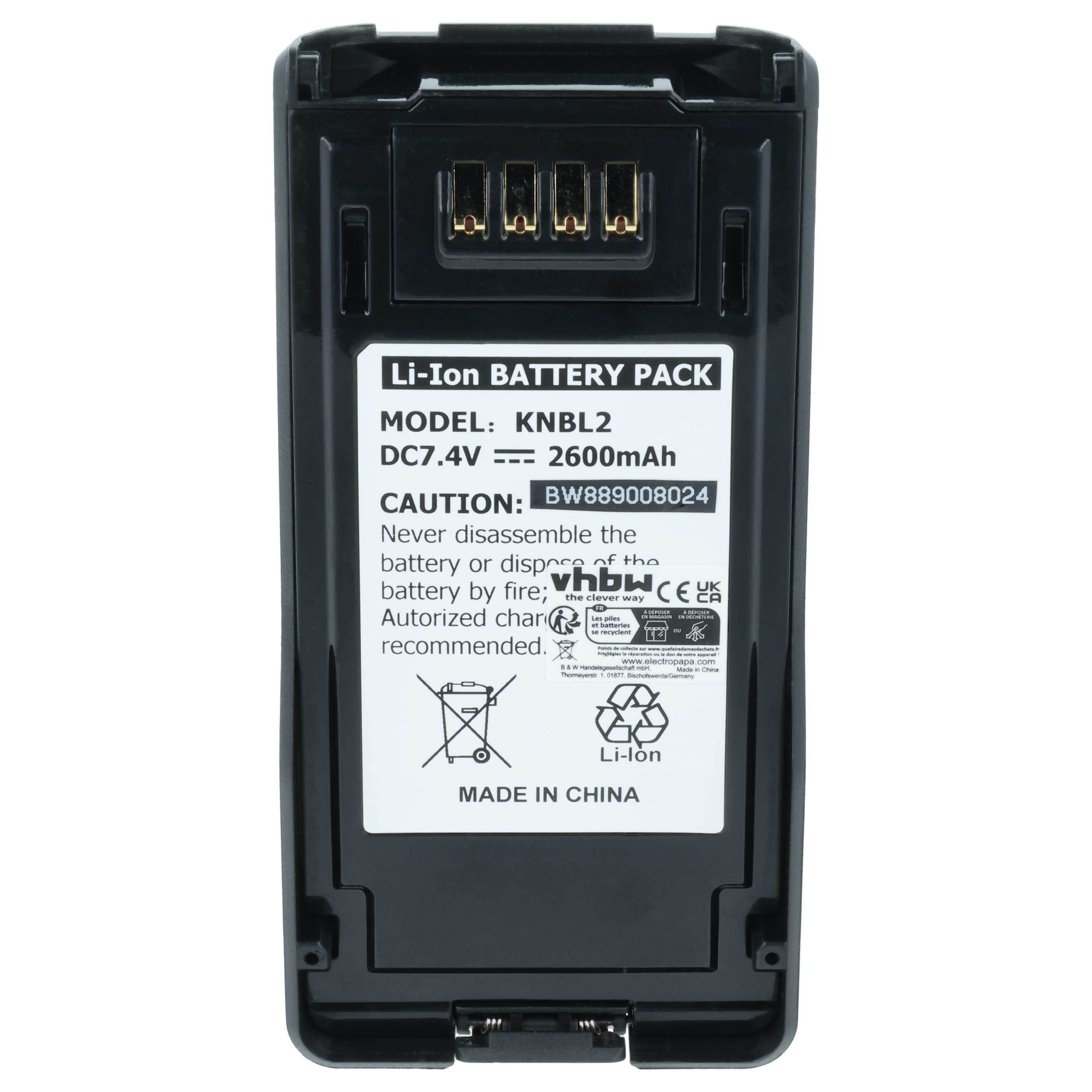 Schwarzer Li-Ion Akku, Modell KNBL2, 7.4V, 2600mAh. Made in China.