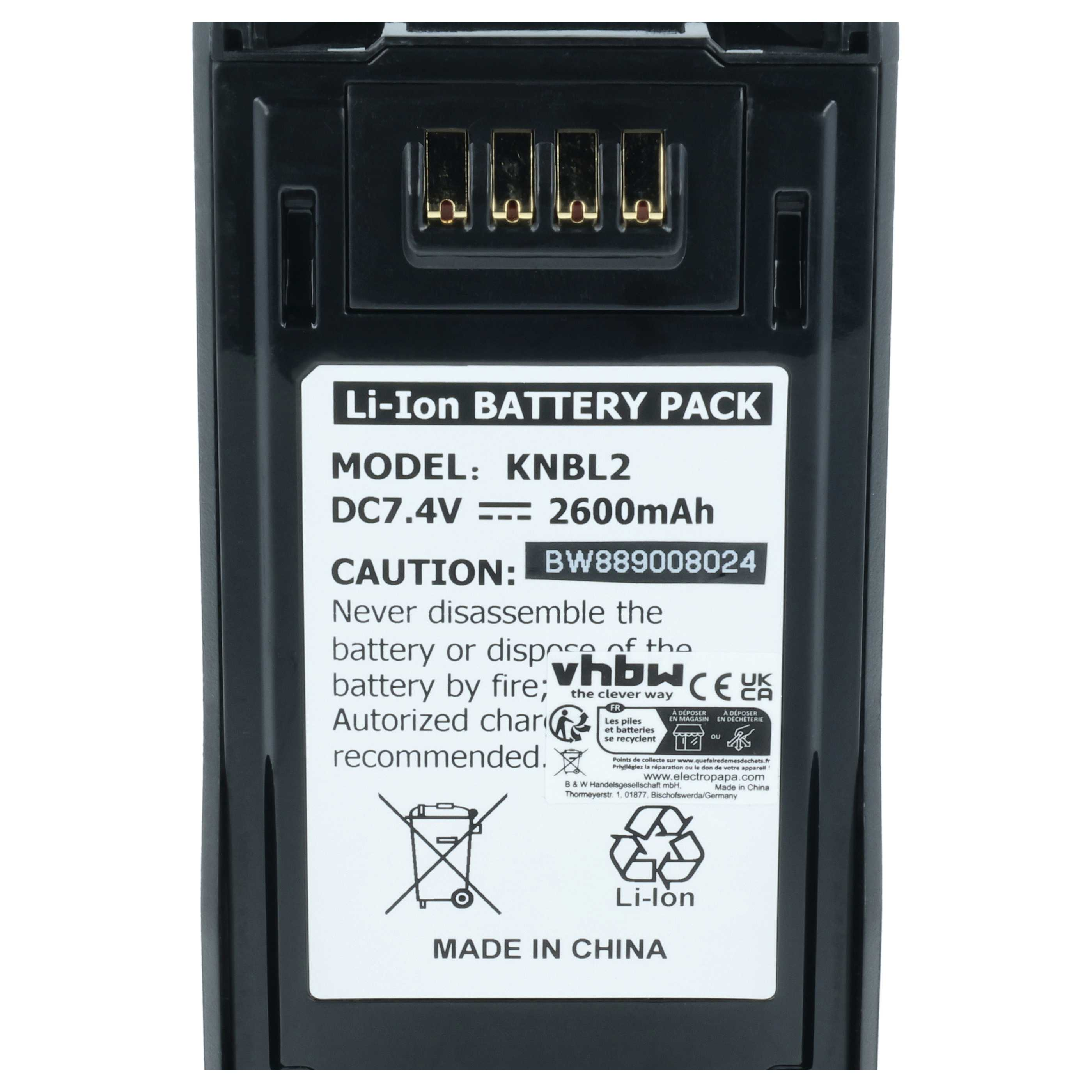 Ein schwarzer Li-Ion Akku, Modell KNBL2, 7.4V, 2600mAh, Made in China.