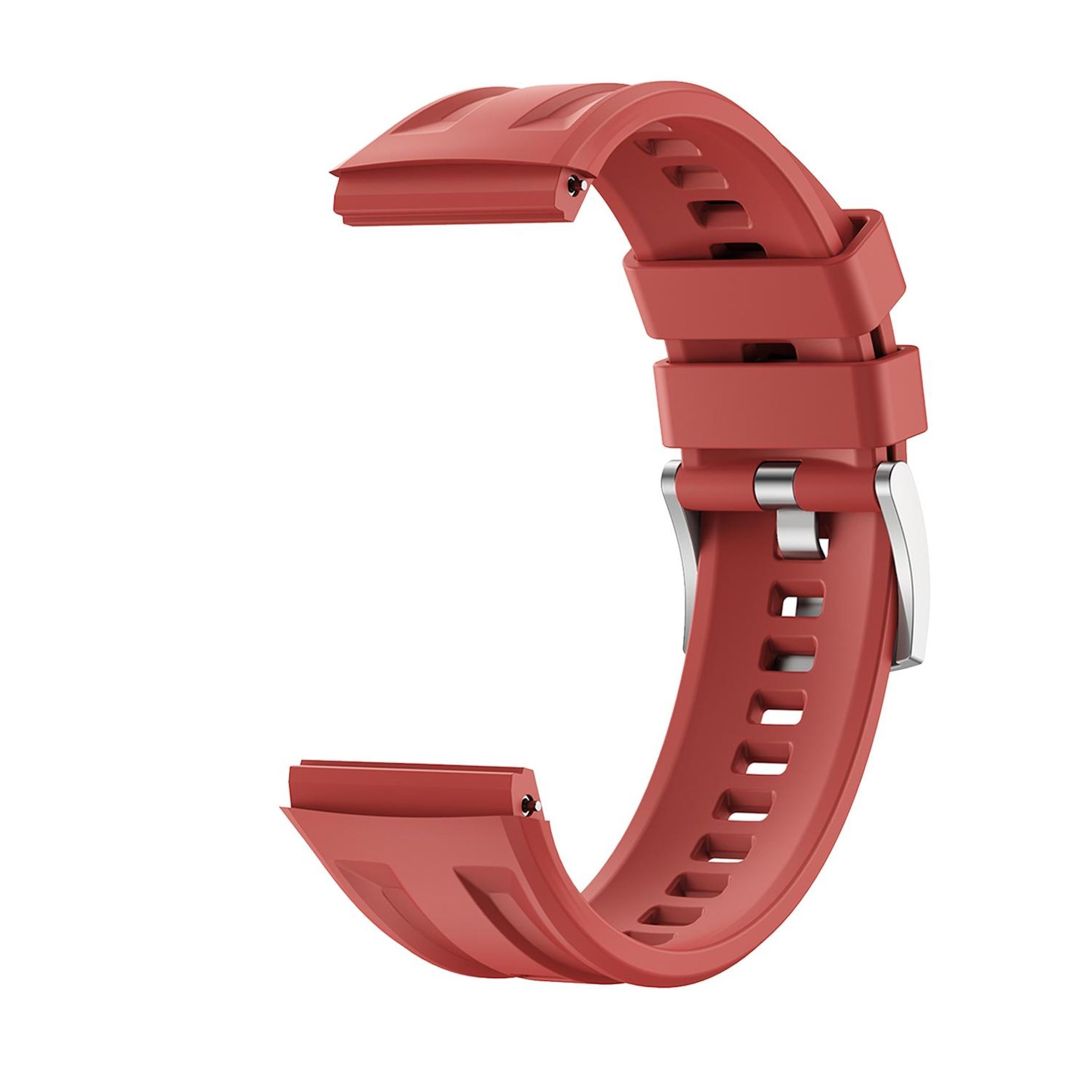 Un cinturino per orologio rosso in gomma con fibbia in metallo, su sfondo bianco.