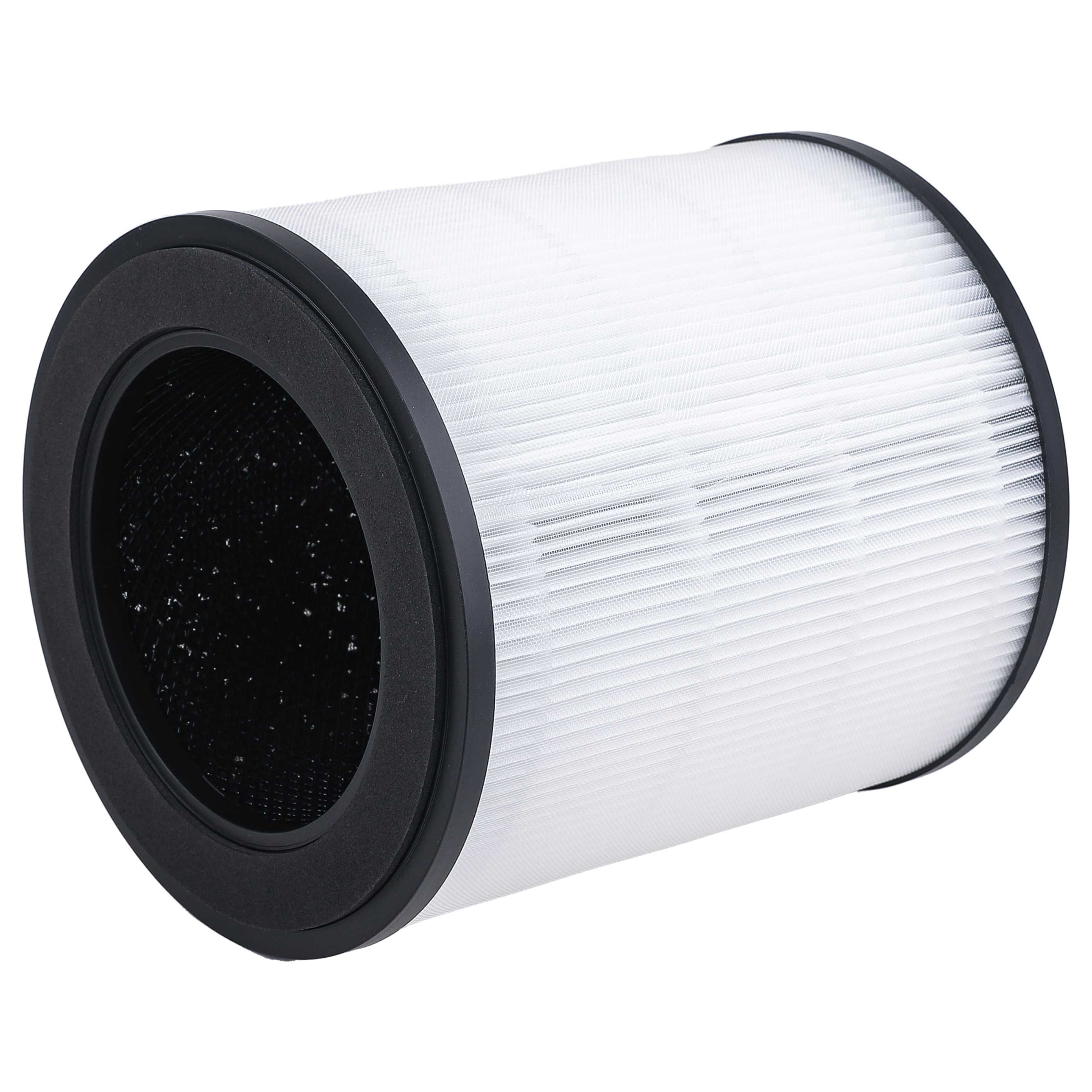 Ein zylindrischer Luftfilter mit schwarzem Rahmen und weißem Filtermedium.