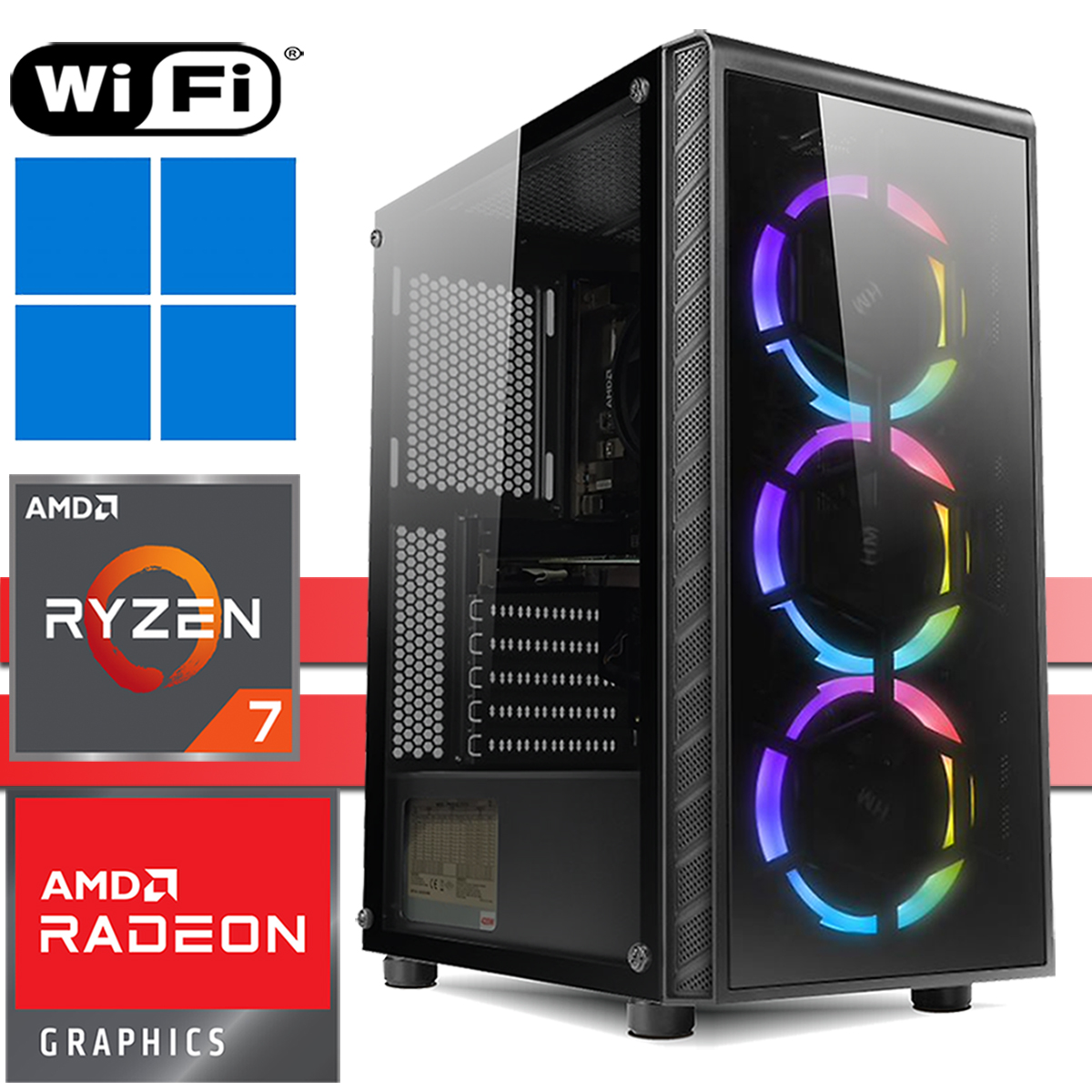Ein PC-Gehäuse mit RGB-Lüftern, Wi-Fi, Windows- und AMD-Logos.