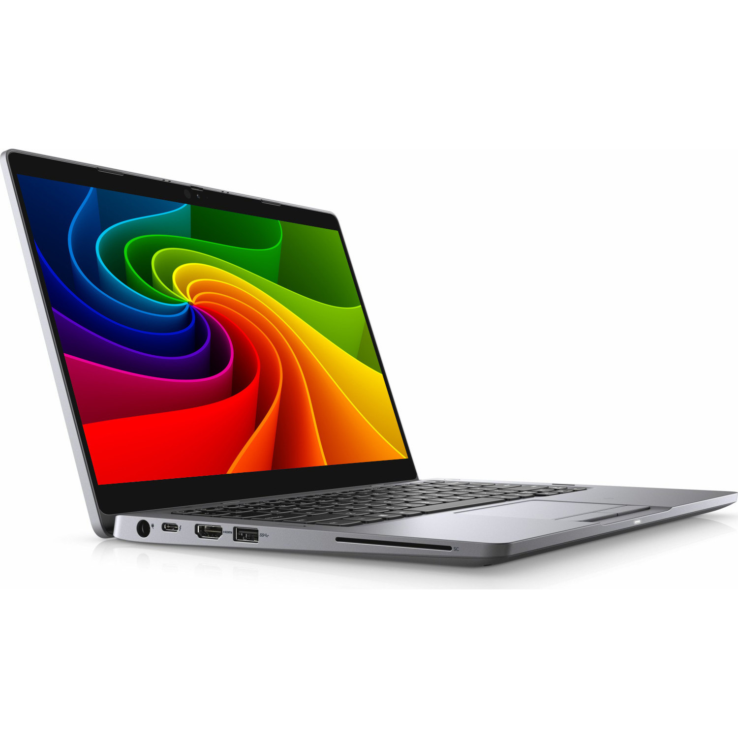 Ein geöffneter Laptop mit bunter Swirl-Hintergrundgrafik und silbernem Gehäuse.