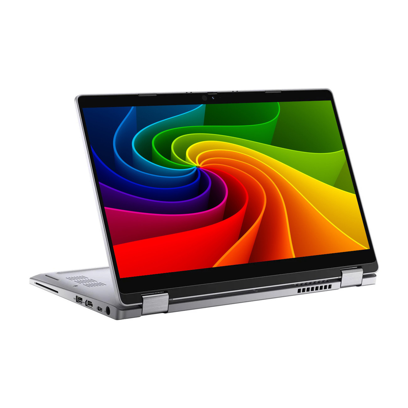 Ein silberner Laptop mit einem Regenbogen-Wirbelmuster auf dem Bildschirm.