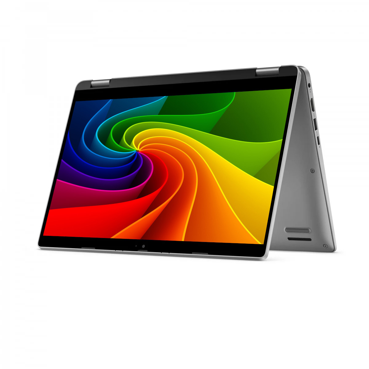 Ein silberner Laptop mit einem bunten Wirbel-Bildschirm auf weißem Hintergrund.