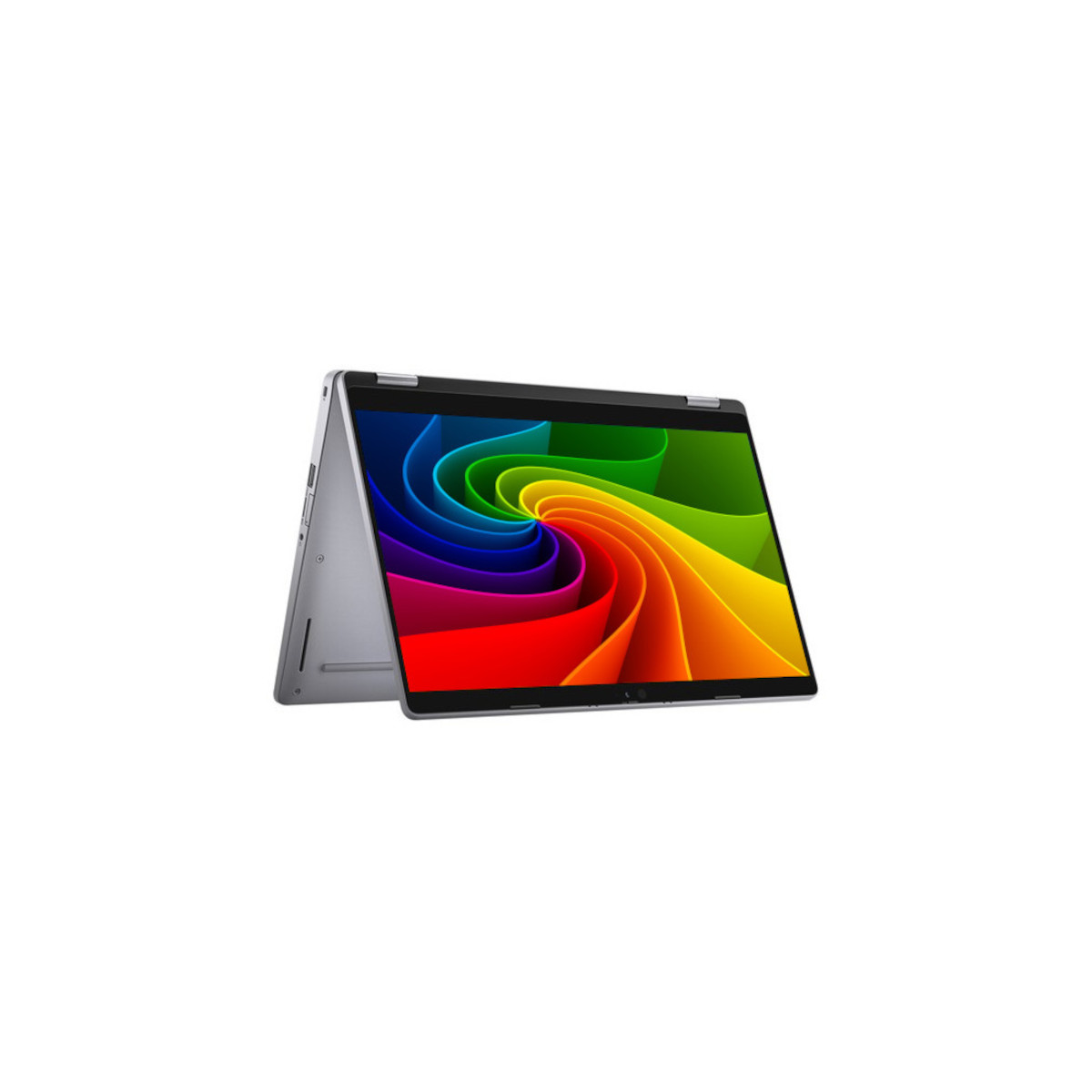 Ein silbernes Convertible-Laptop ist geöffnet und zeigt ein farbenfrohes Wirbel-Hintergrundbild.