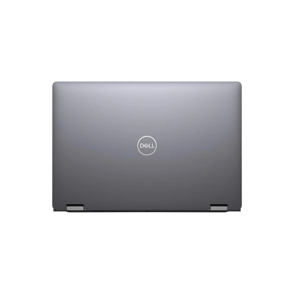 Geschlossener grauer Dell Laptop mit silbernem Logo auf der Oberseite.