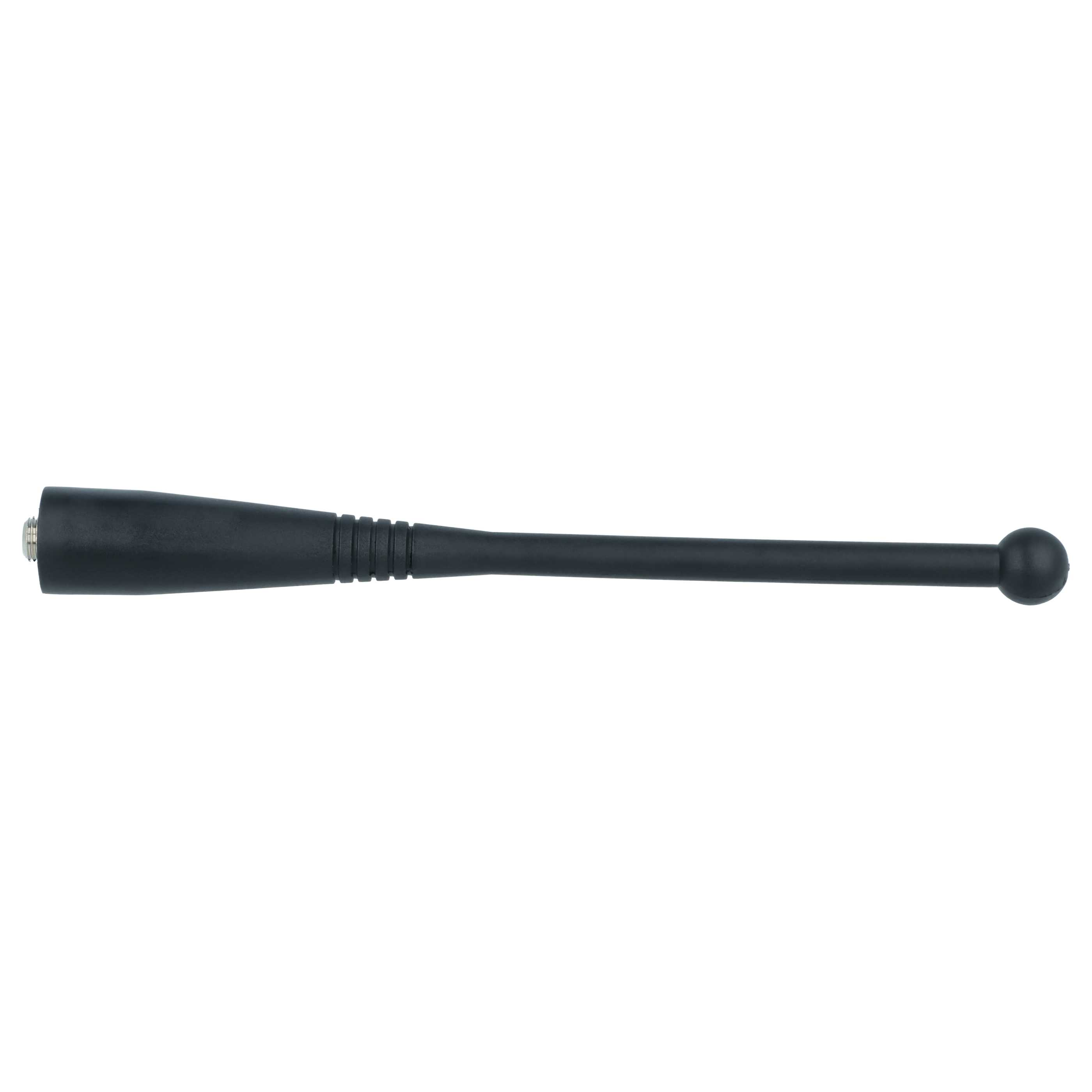 Schwarze Antenne mit kugelförmigem Ende und gerilltem Griff.