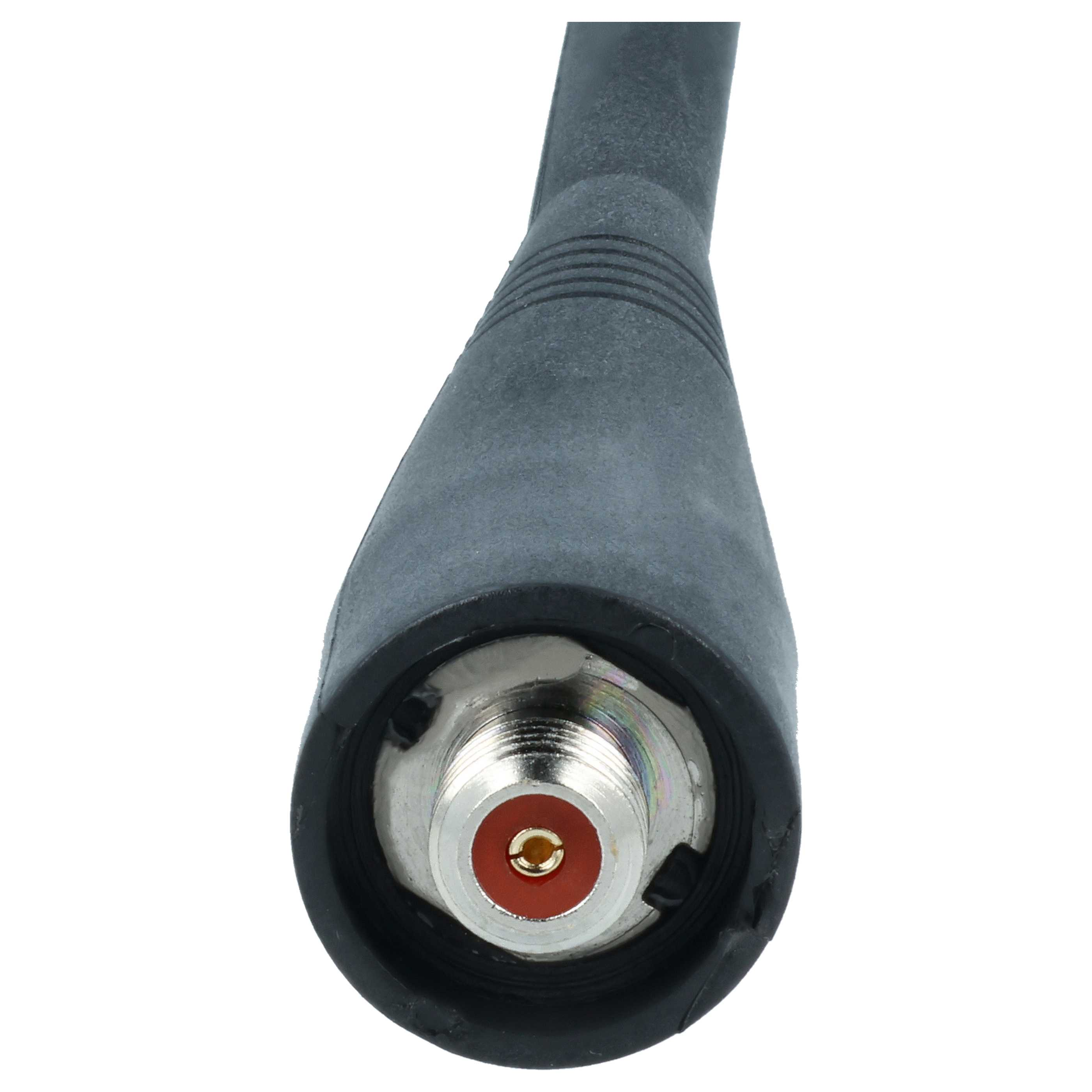 Nahaufnahme einer schwarzen Antennenbasis mit silbernem Stecker und roter Mitte.