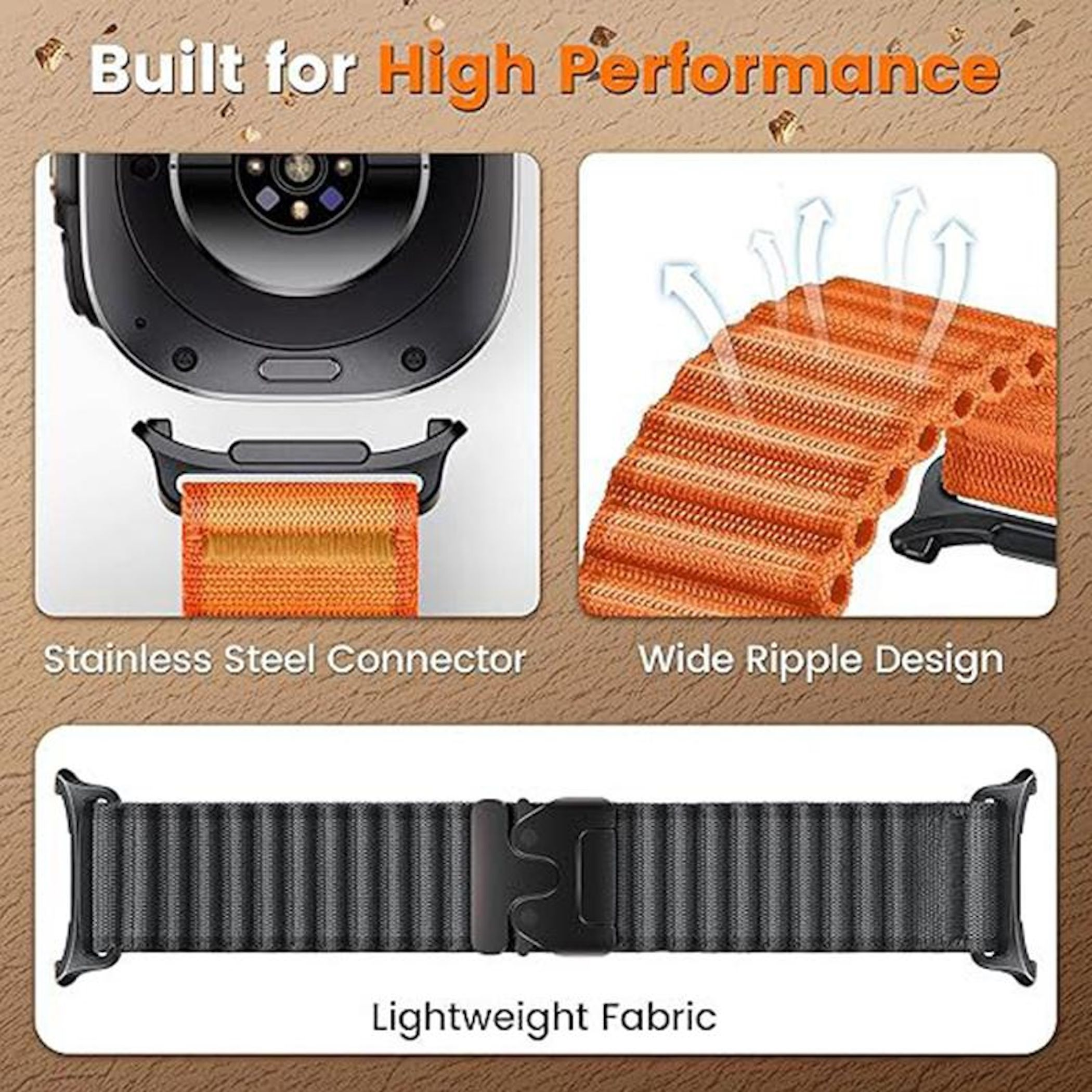Cinturino smartwatch con connettore in acciaio inox, design a onda larga e tessuto leggero.