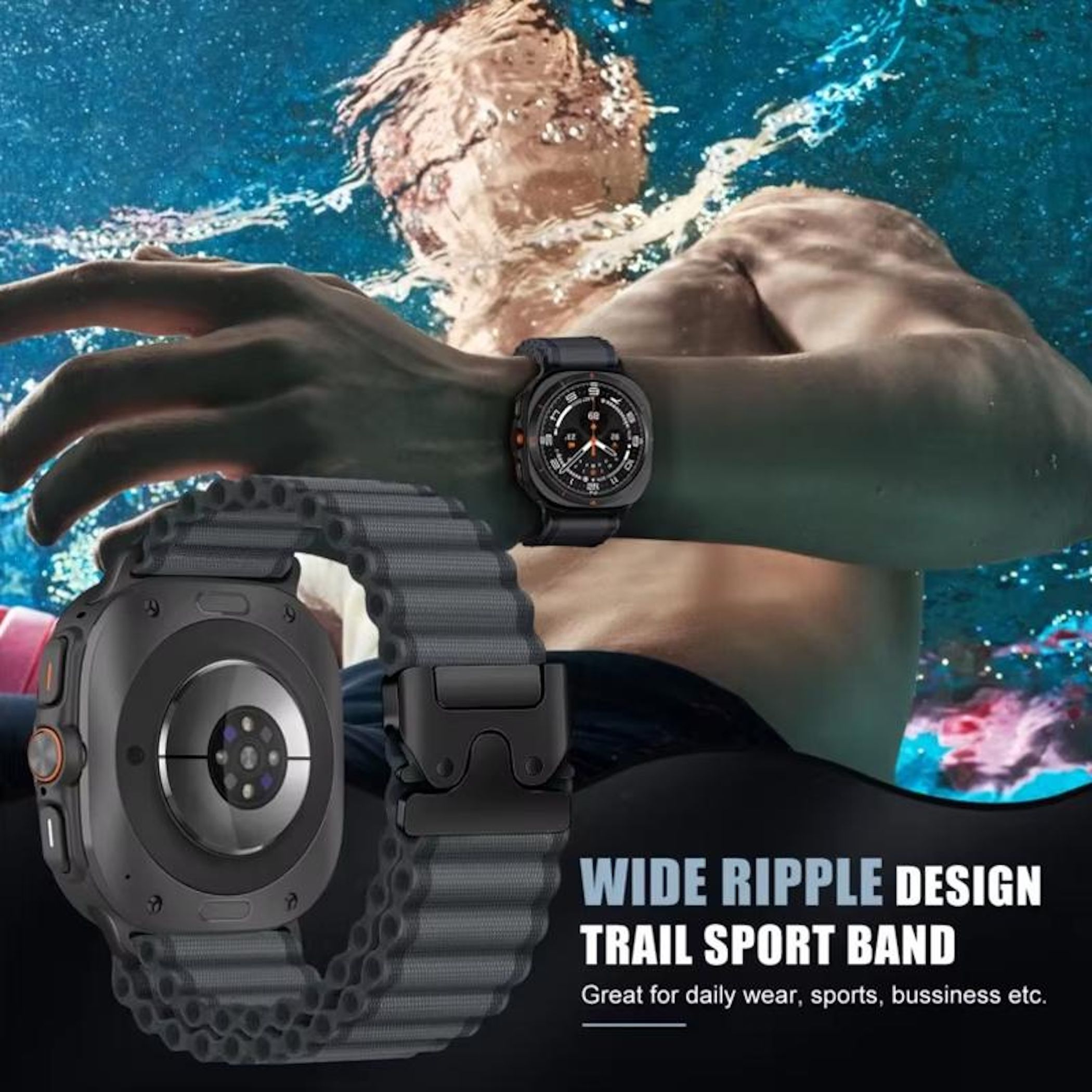 Un nuotatore si immerge sott'acqua, focalizzandosi su un orologio sportivo e cinturino.
