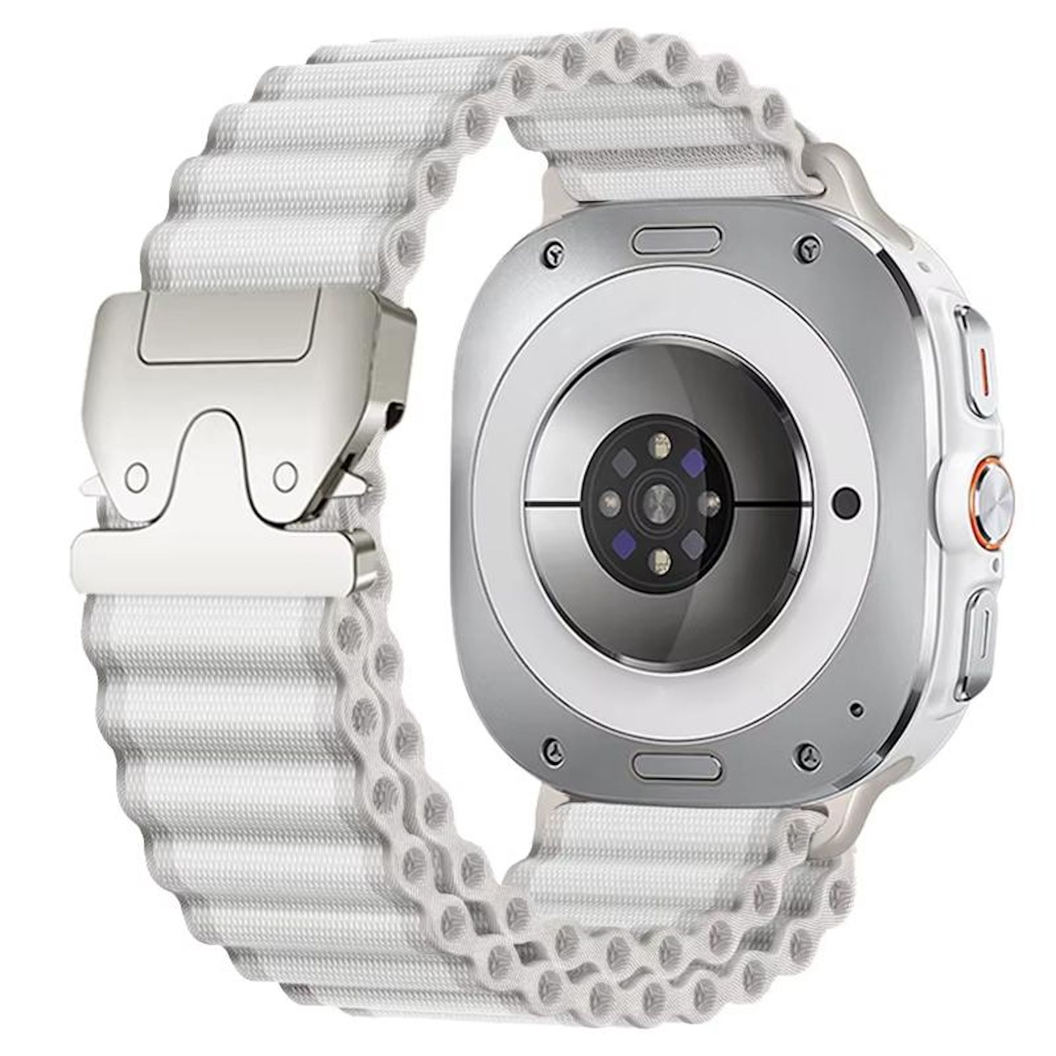Smartwatch argentato con cinturino in tessuto bianco e fibbia.