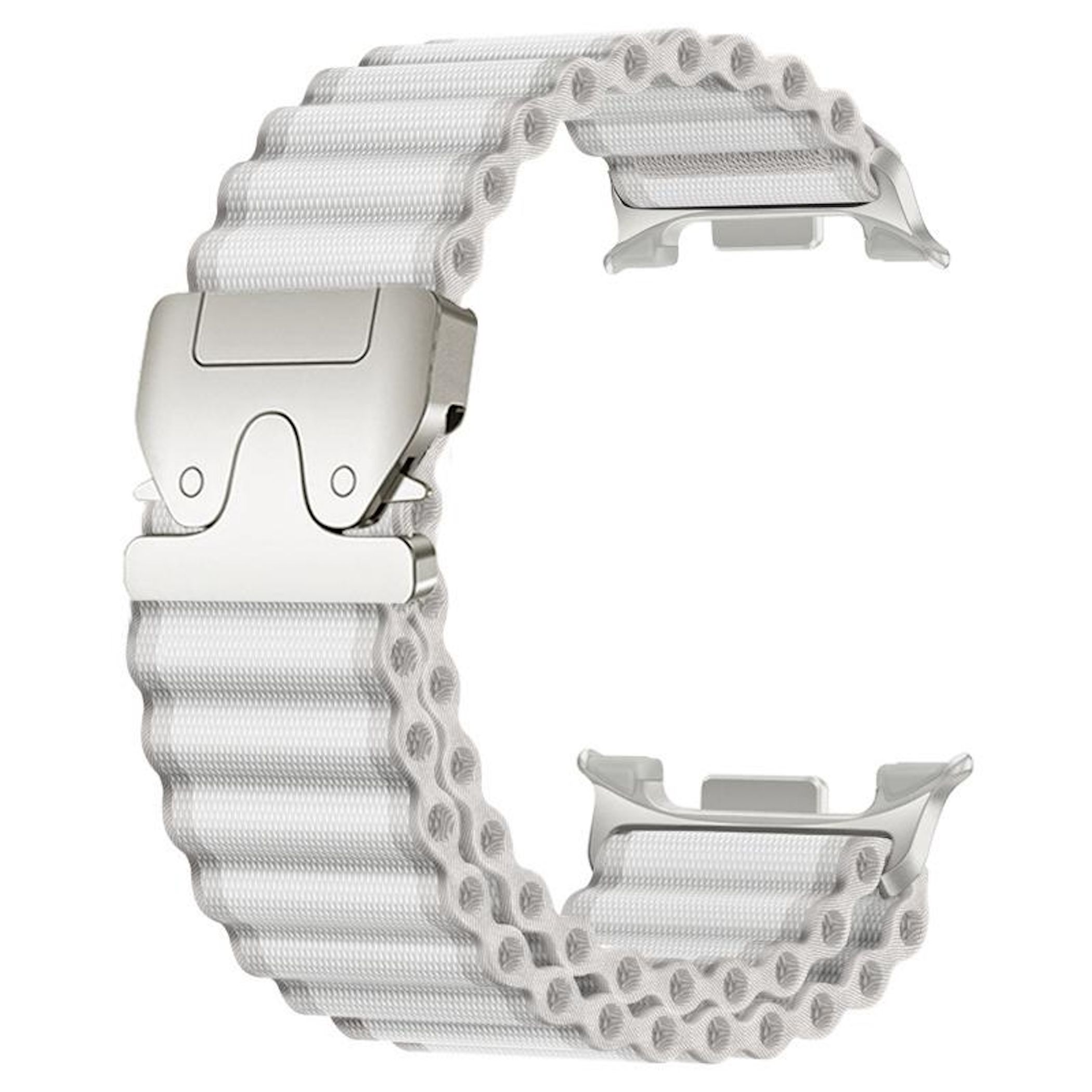 Un cinturino bianco per orologio in tessuto con texture ondulata e fibbia argento.