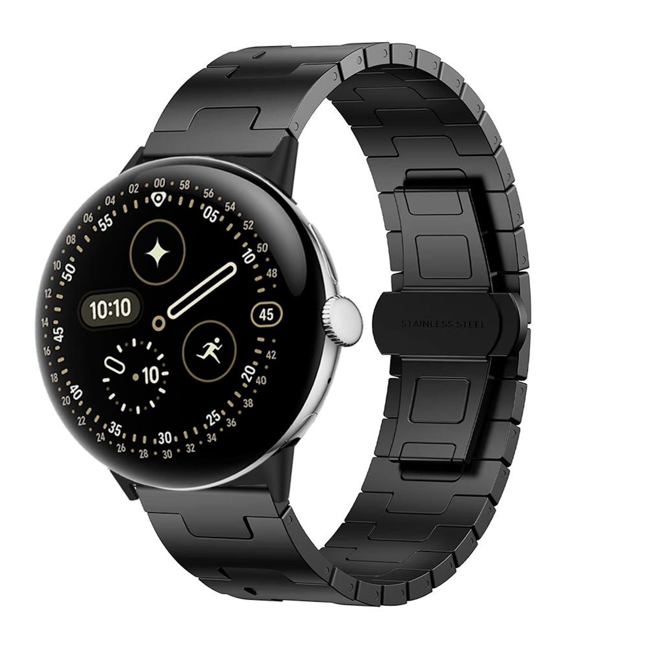 Smartwatch nero con cinturino in metallo, mostra ora 10:10 e icone.