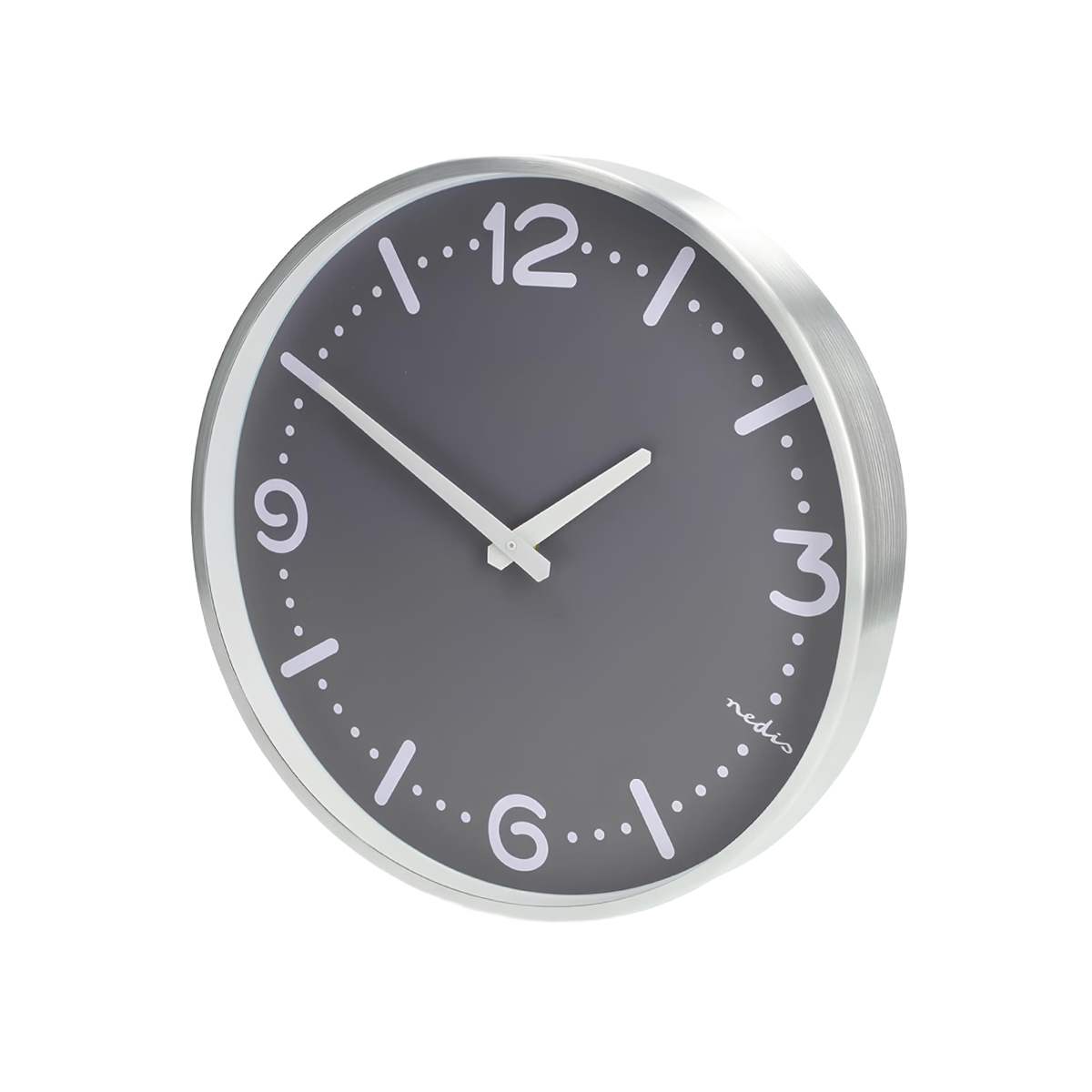 Eine graue Wanduhr mit silbernem Rahmen und weißen Zeigern.
