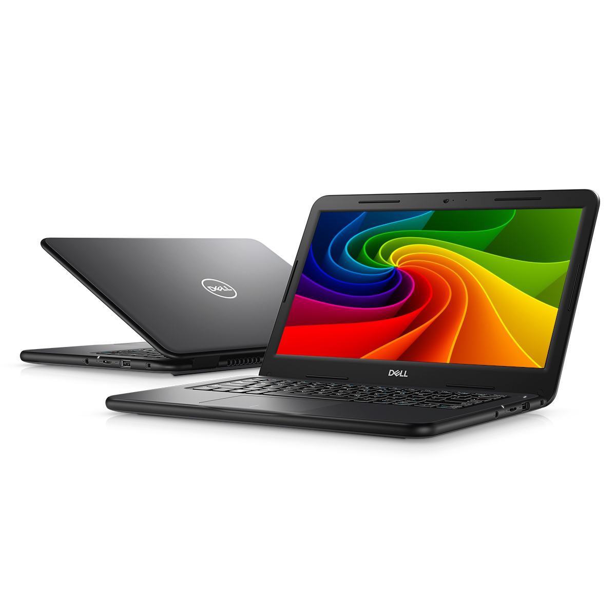 Zwei schwarze Dell Laptops auf weißem Hintergrund, einer mit Regenbogen-Wallpaper.