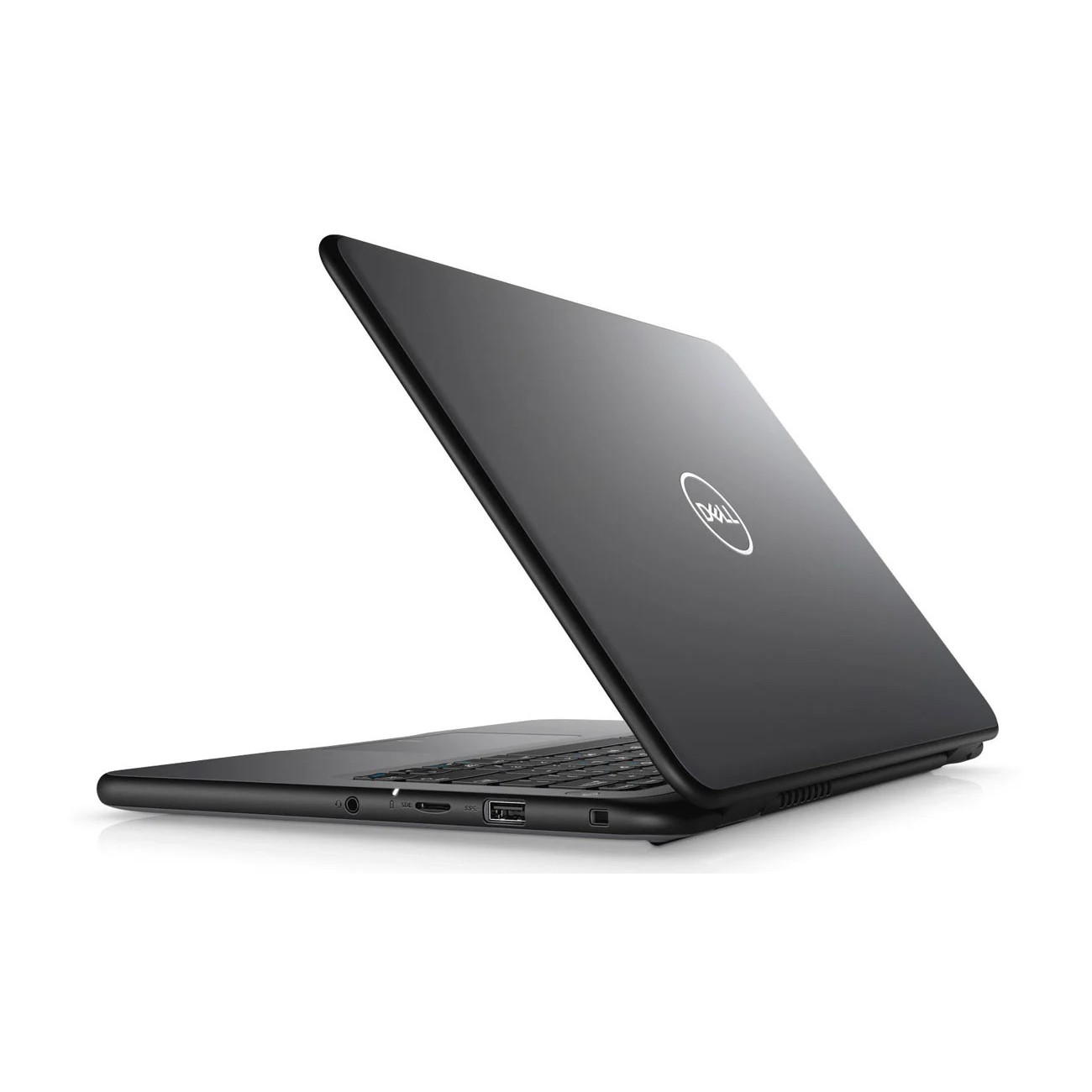 Schwarzer Dell Laptop mit geöffnetem Deckel, Ansicht von links.