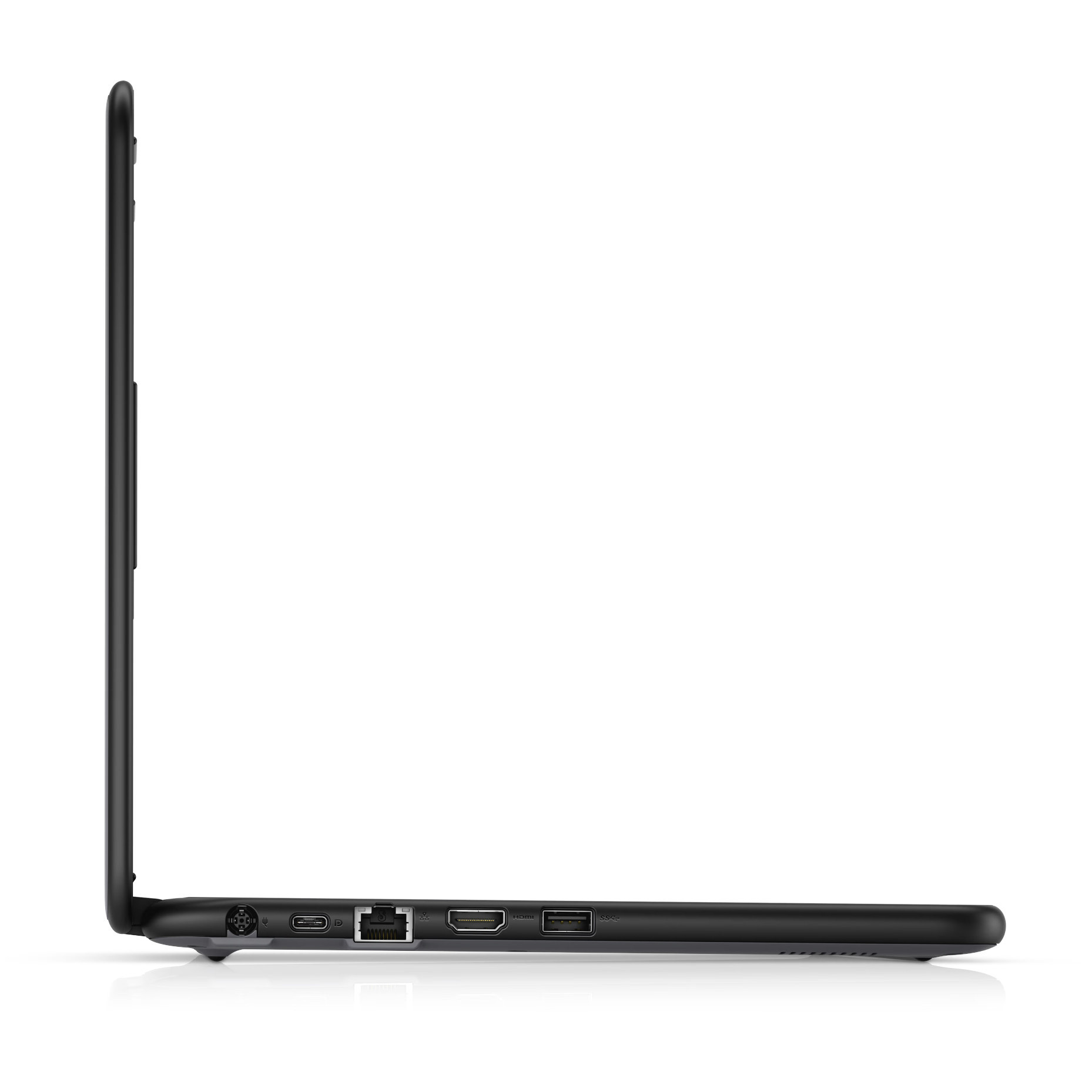 Schwarzer Laptop von der Seite mit Anschlüssen: USB-C, Ethernet, HDMI, USB-A.