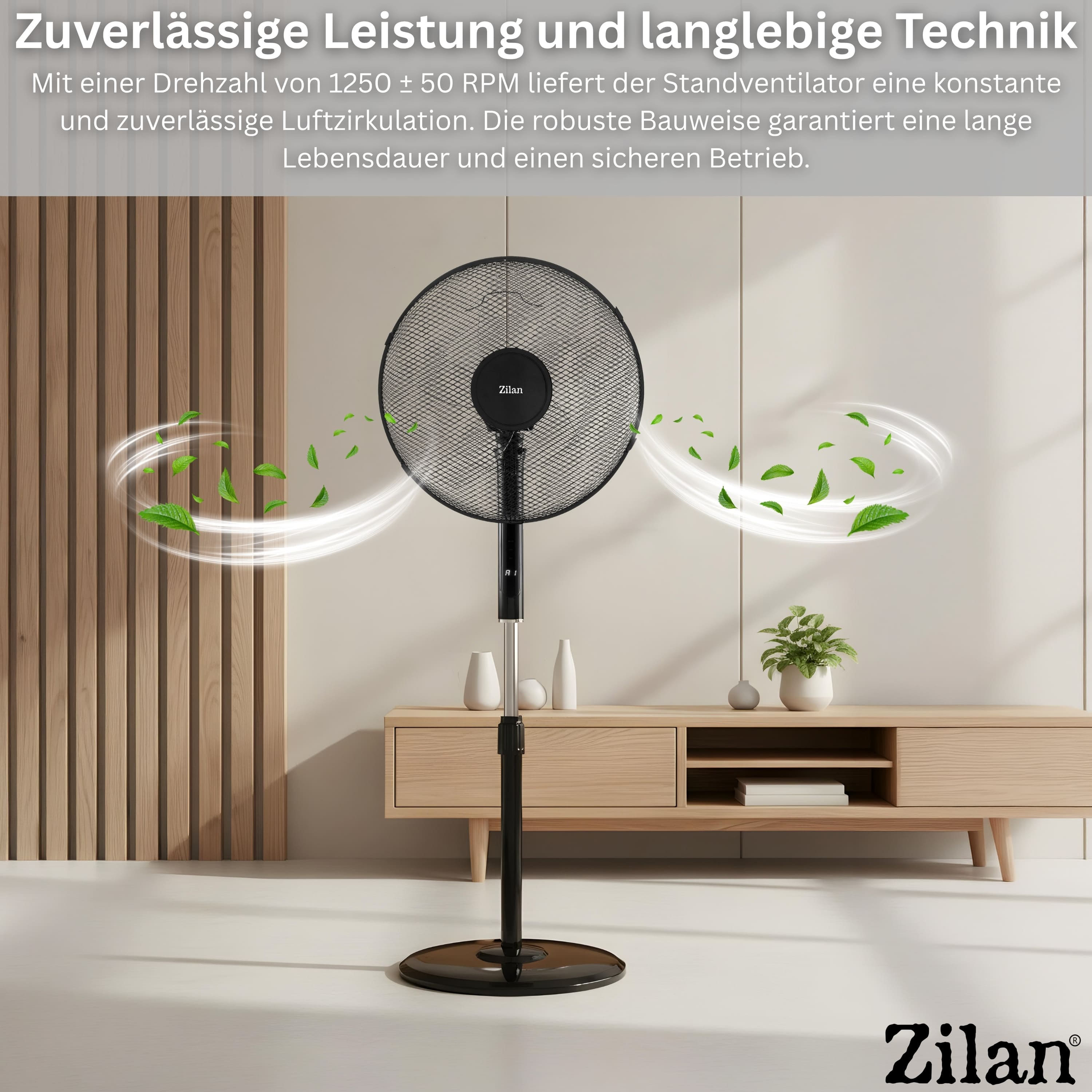 Ein schwarzer Standventilator mit Lüfterblättern und grünen Blättern, die Luft simulieren.