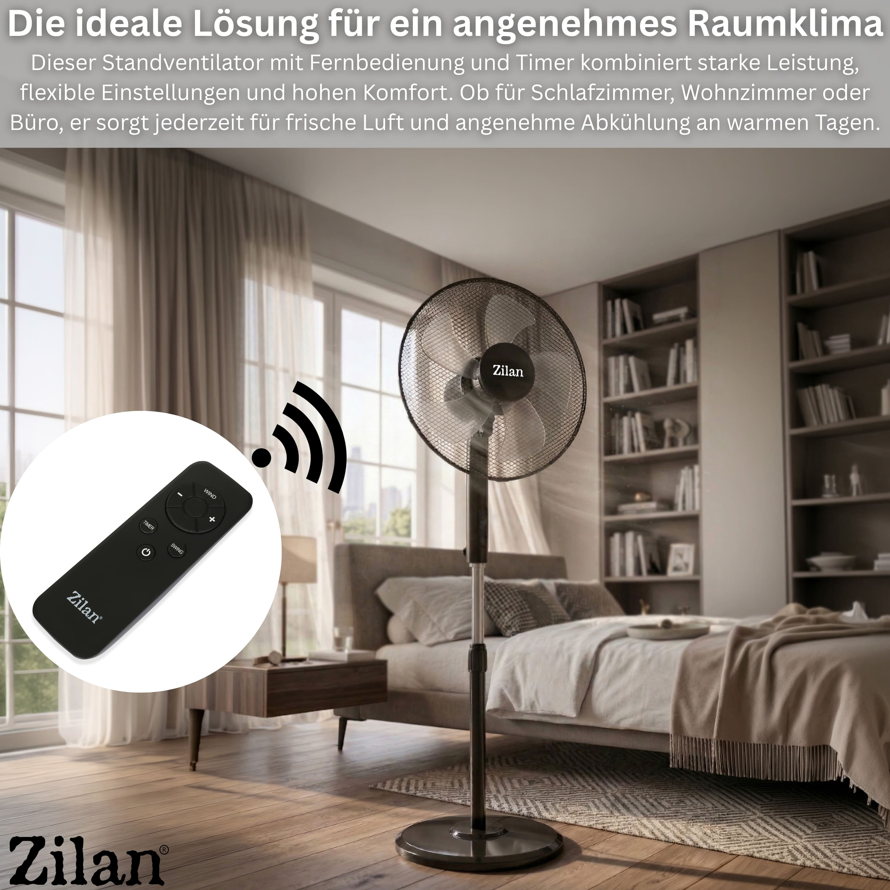 Ein Standventilator mit Fernbedienung steht in einem Schlafzimmer.