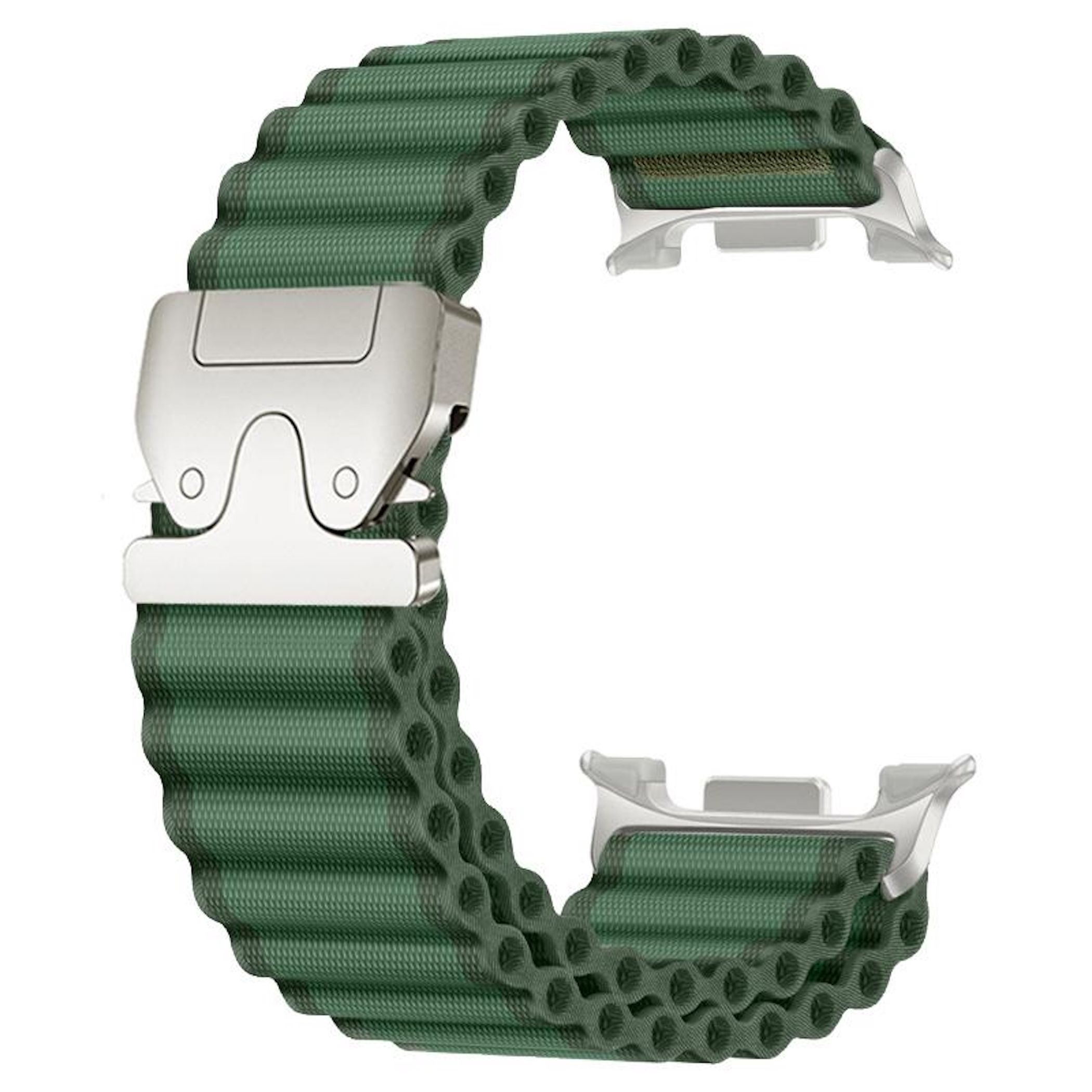 Cinturino per orologio in tessuto verde con fibbia e connettori argentati.