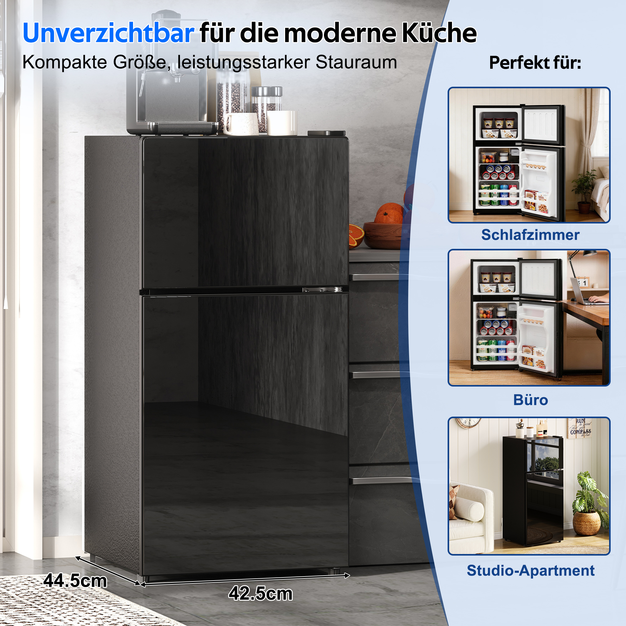 Schwarzer Kühlschrank mit Maßen, daneben kleine Kühlschränke in Zimmern.