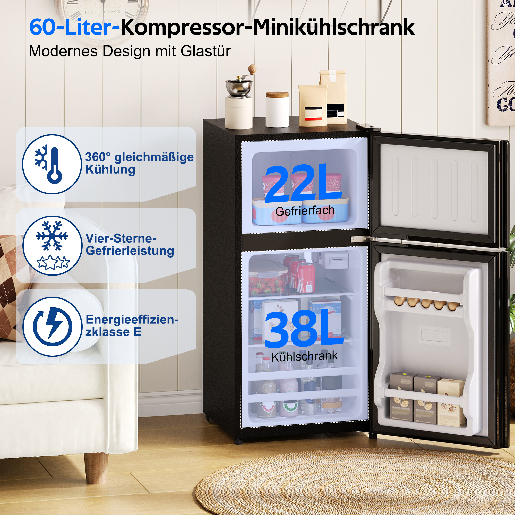 Schwarzer Minikühlschrank mit Glastür, 22L Gefrierfach, 38L Kühlschrank.