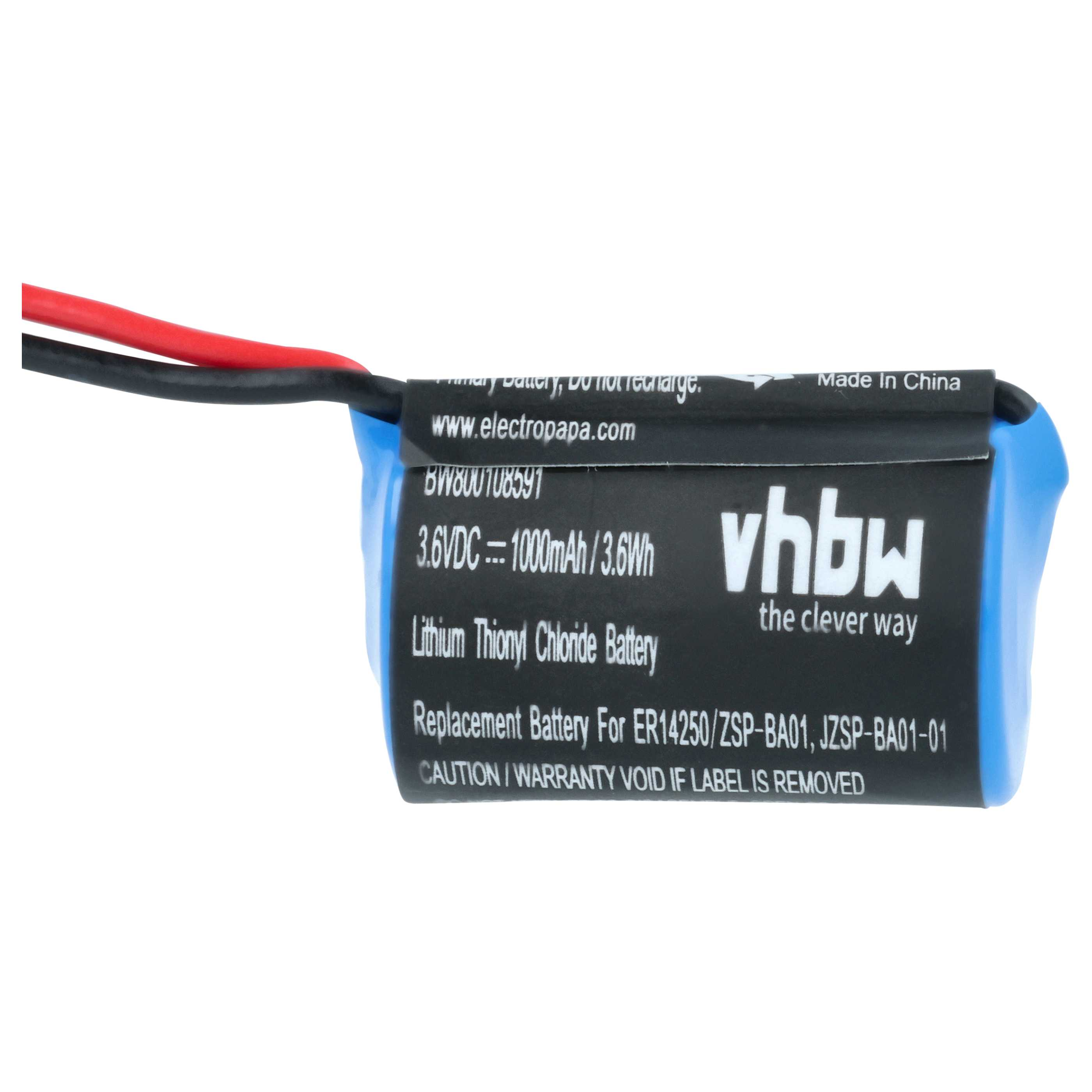 Eine blaue Lithium-Thionylchlorid-Batterie mit schwarzen und roten Kabeln.