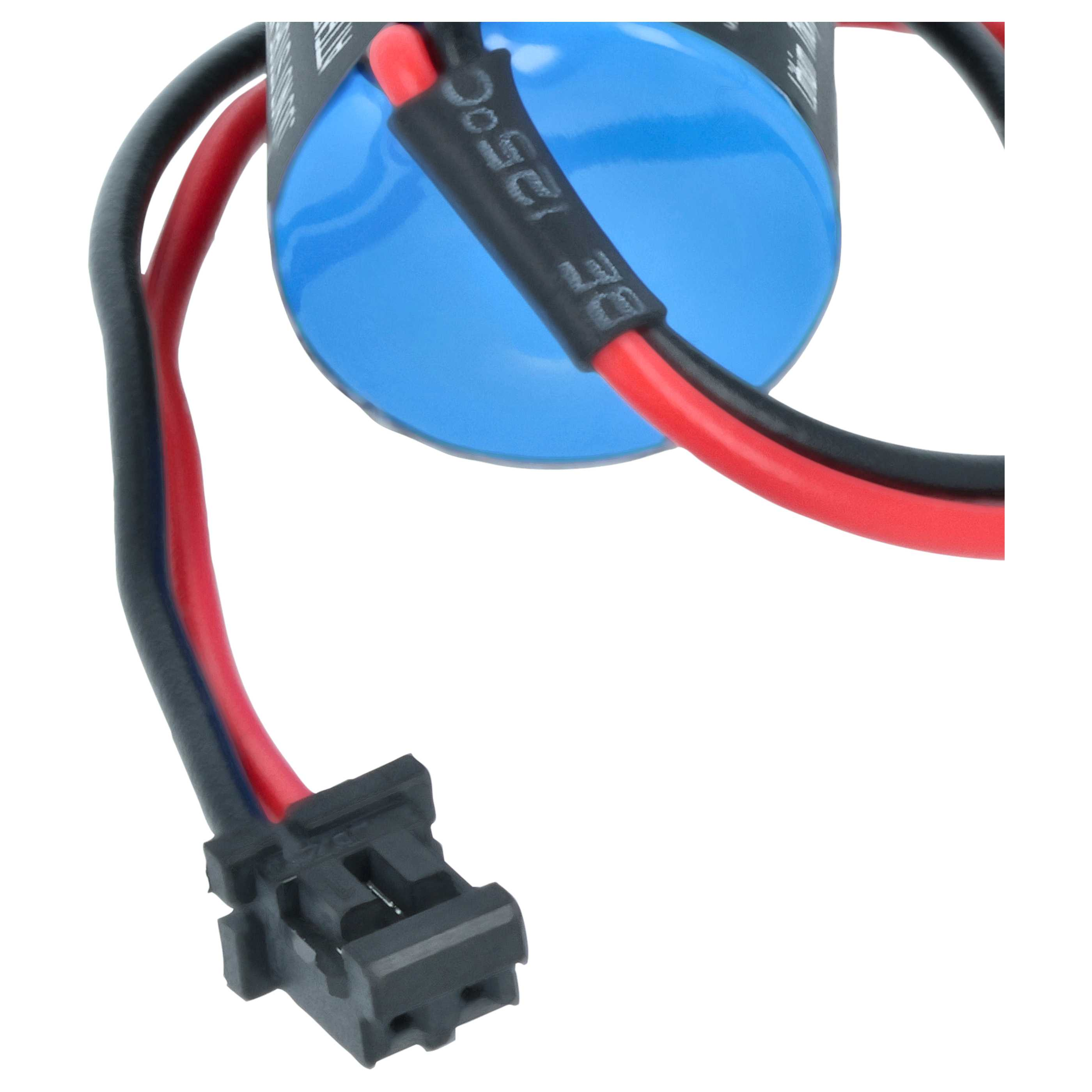 Blauer Akku mit roten und schwarzen Kabeln und einem schwarzen Stecker.