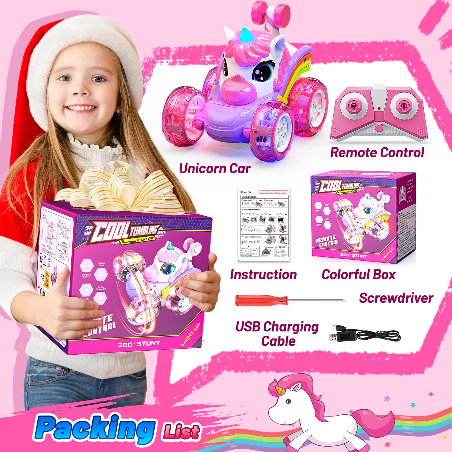Ein Mädchen mit Weihnachtsmütze hält eine Geschenkbox mit einem Einhorn-Auto-Spielzeug.