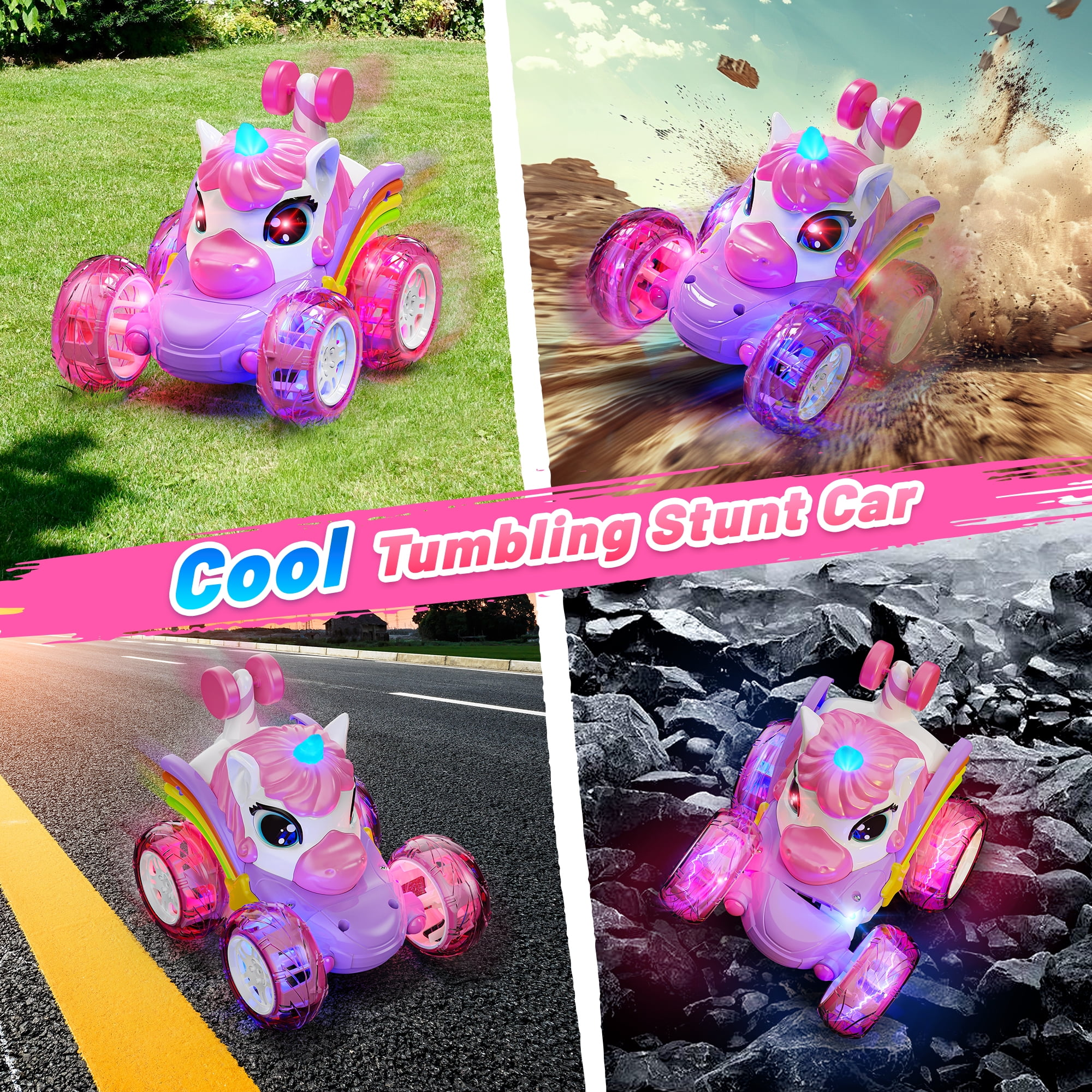 Ein rosafarbenes Einhorn-Stuntauto mit leuchtenden Rädern auf verschiedenen Hintergründen.