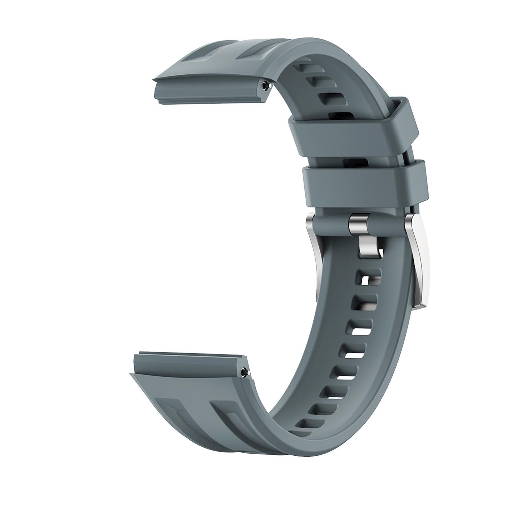 Graues Armband aus Gummi mit Metallschnalle und Lochmuster.