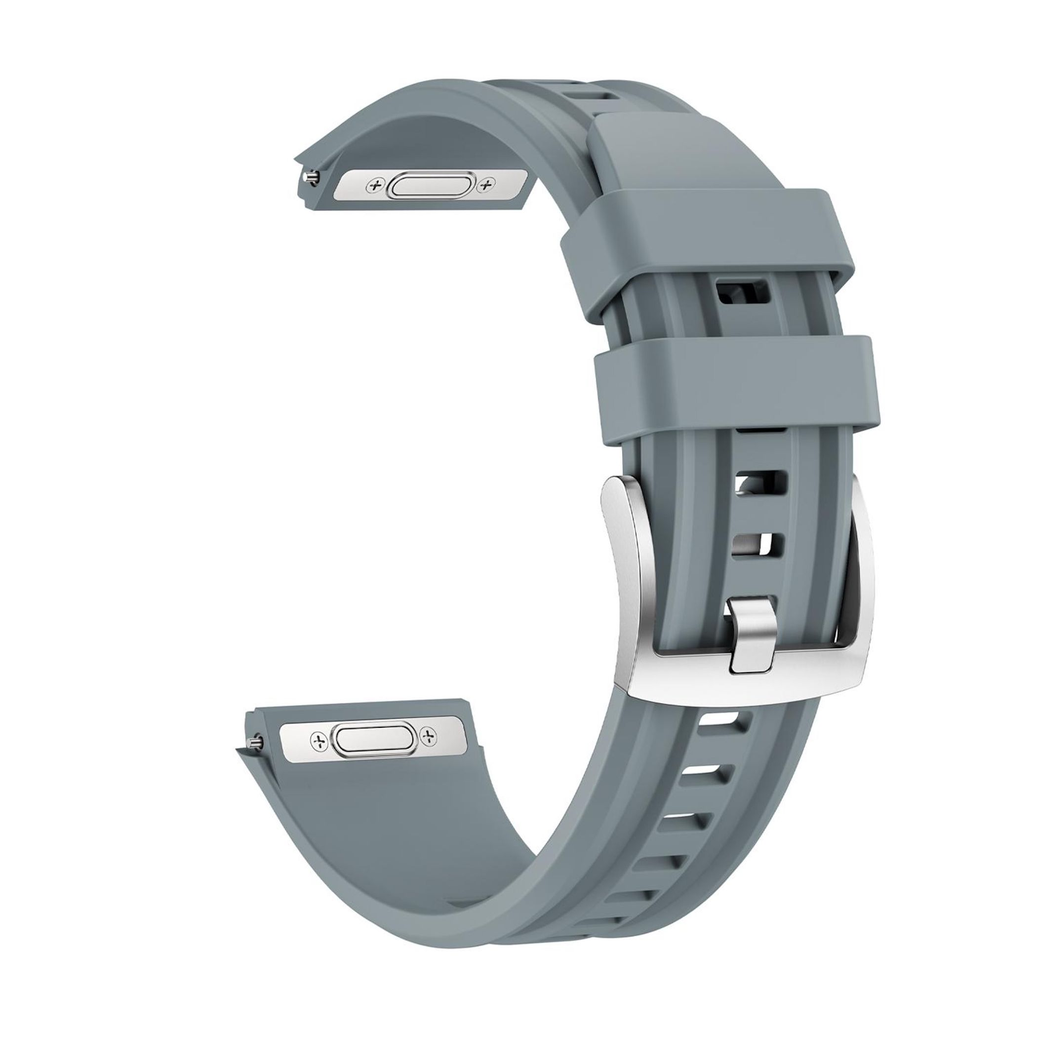 Graues Uhrenarmband aus Gummi mit Metallschnalle und silbernen Anschlüssen.