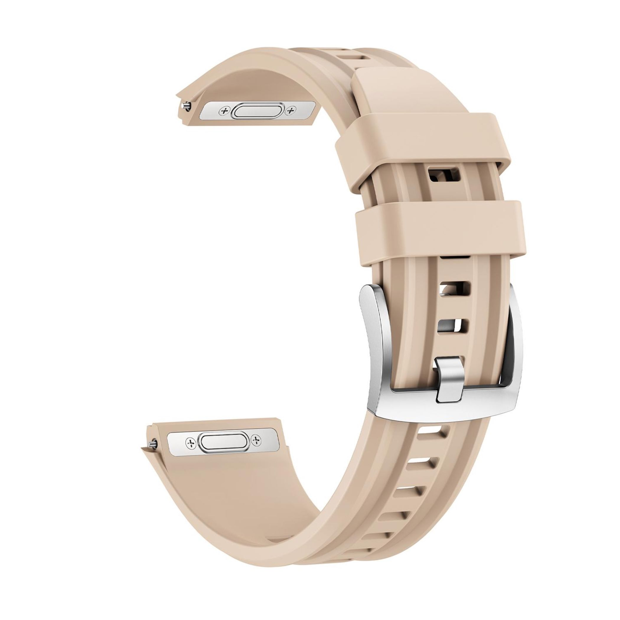 Cinturino per orologio in gomma beige con fibbia argentata, su sfondo bianco.