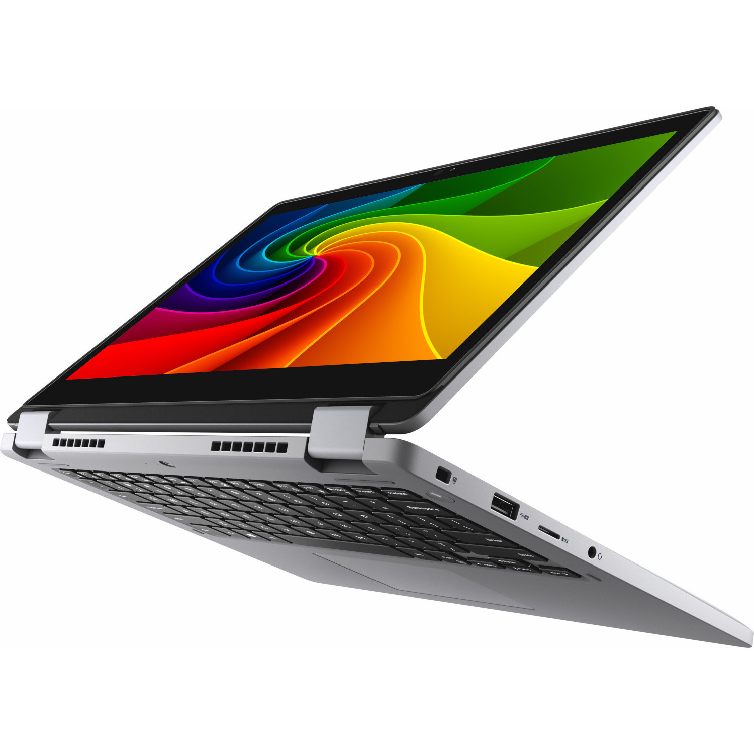 Ein offener silberner Laptop mit einem bunten Hintergrund auf dem Bildschirm.