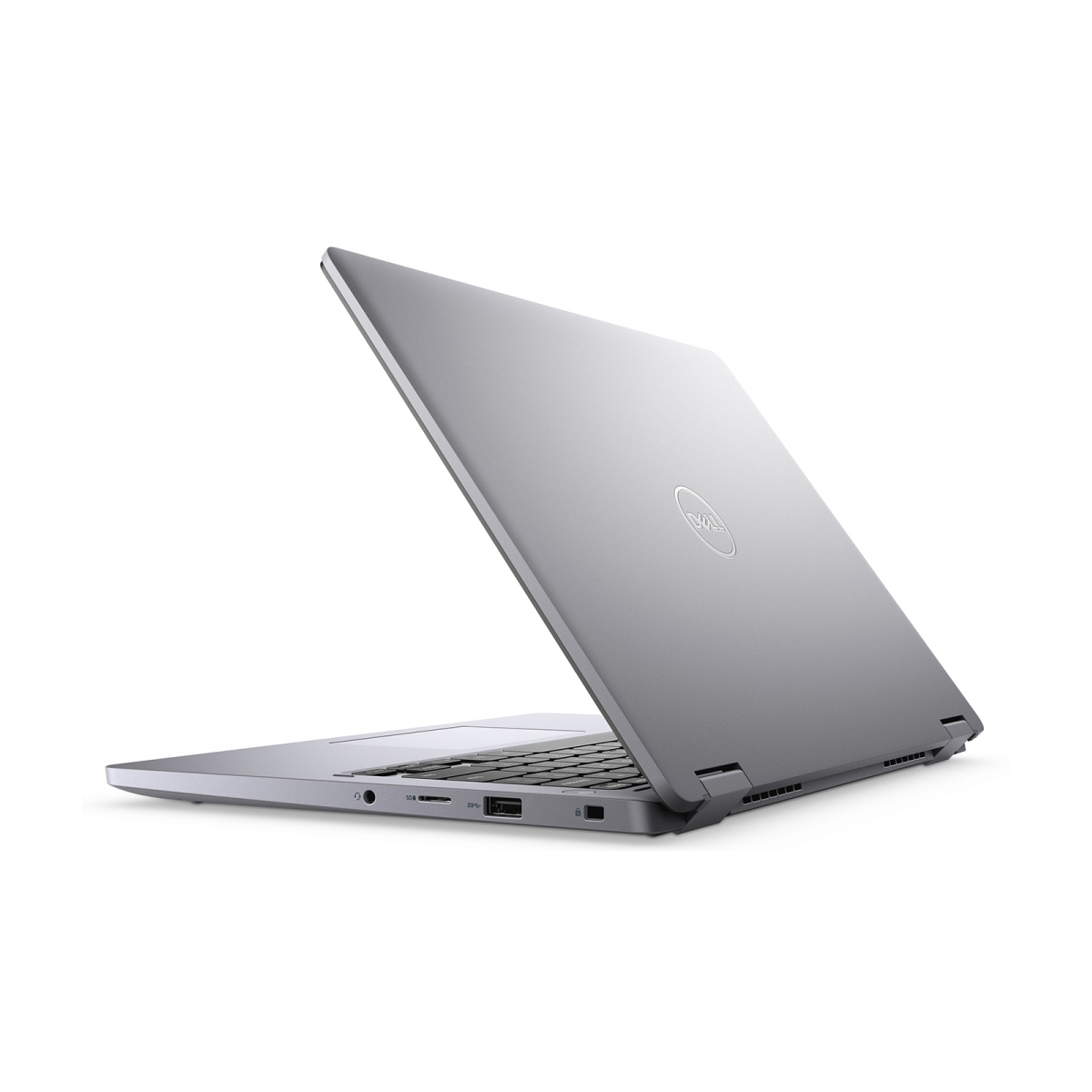 Ein silberner Dell-Laptop, von der Seite mit geöffnetem Deckel und Tastaturansicht.